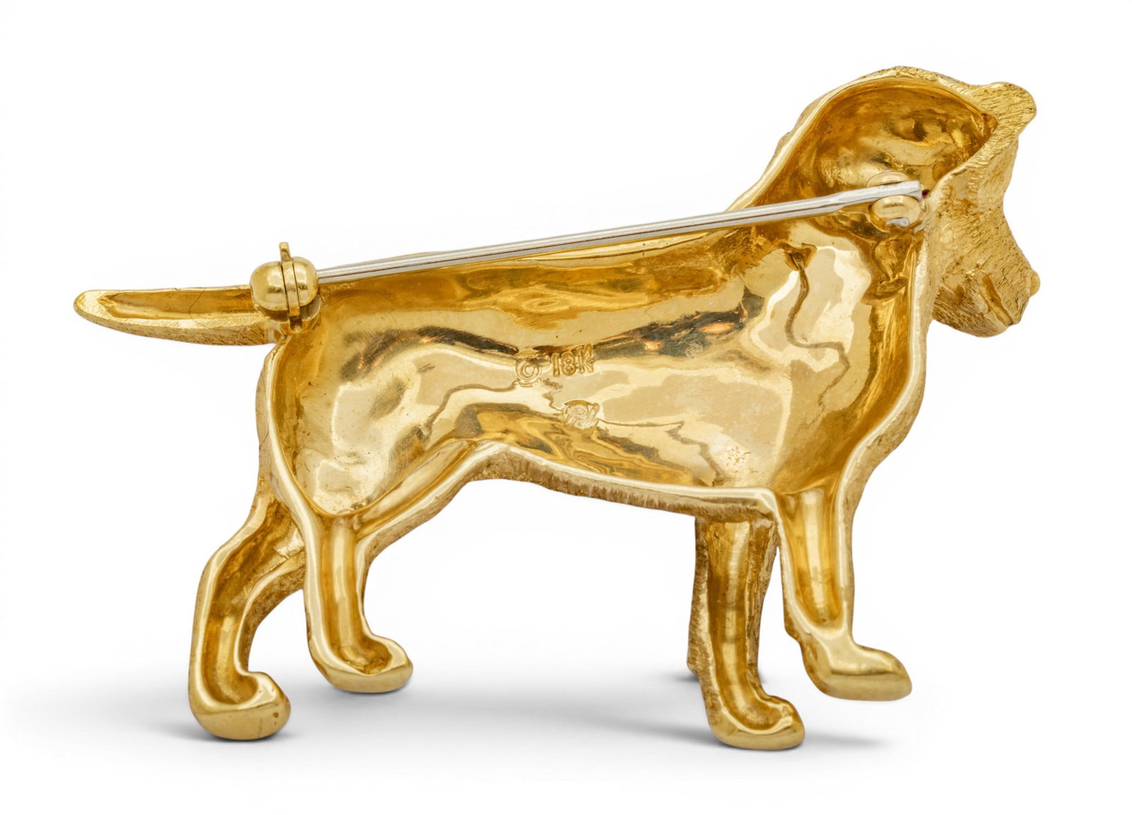 18k Yellow Gold and Ruby Dog Brooch 'Golden Retriever', L 2" 18.5 g - 8