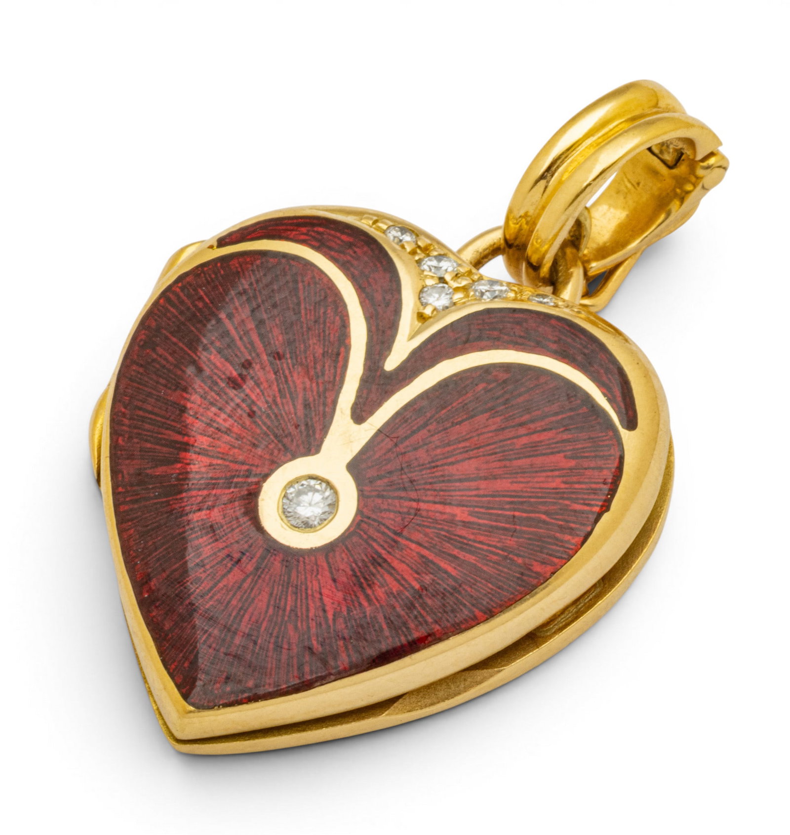 18k Yellow Gold, Enamel, and Diamond Heart-Shaped Locket H 1" 12 g: 18k Yellow Gold, Enamel, and Diamond Heart-Shaped Locket H 1" 12 g A rich, red enamel heart-shaped locket in 18k yellow gold with round, brilliant diamond melee accents having a hinged, charm holder-s