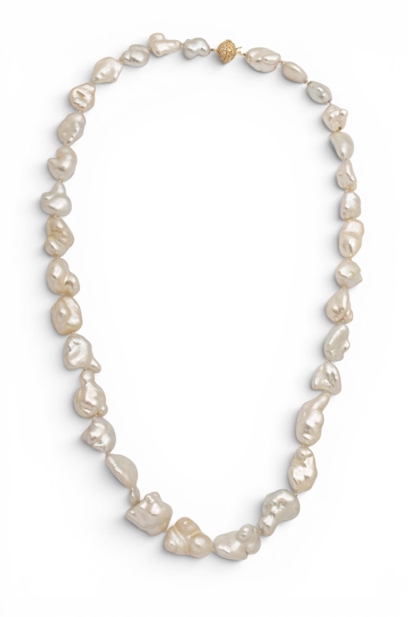 18k White Gold and Diamond Clasp, Biwa Pearl Necklace L 20" 46.8 g - 4