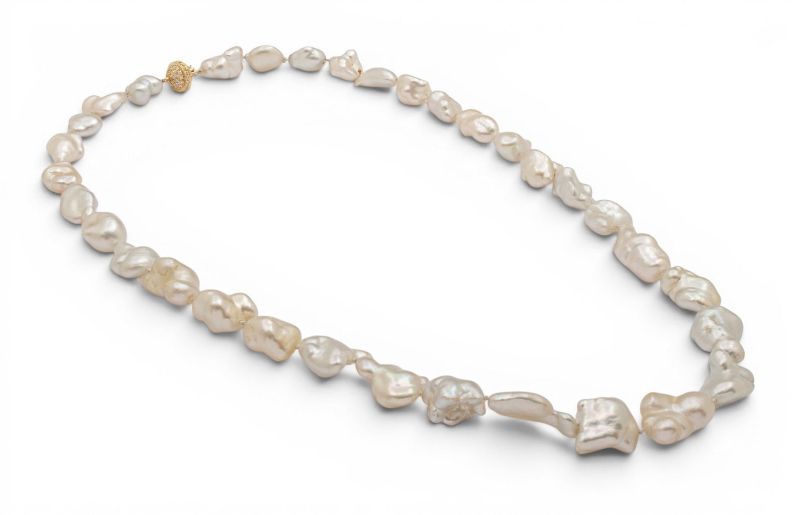 18k White Gold and Diamond Clasp, Biwa Pearl Necklace L 20" 46.8 g - 5