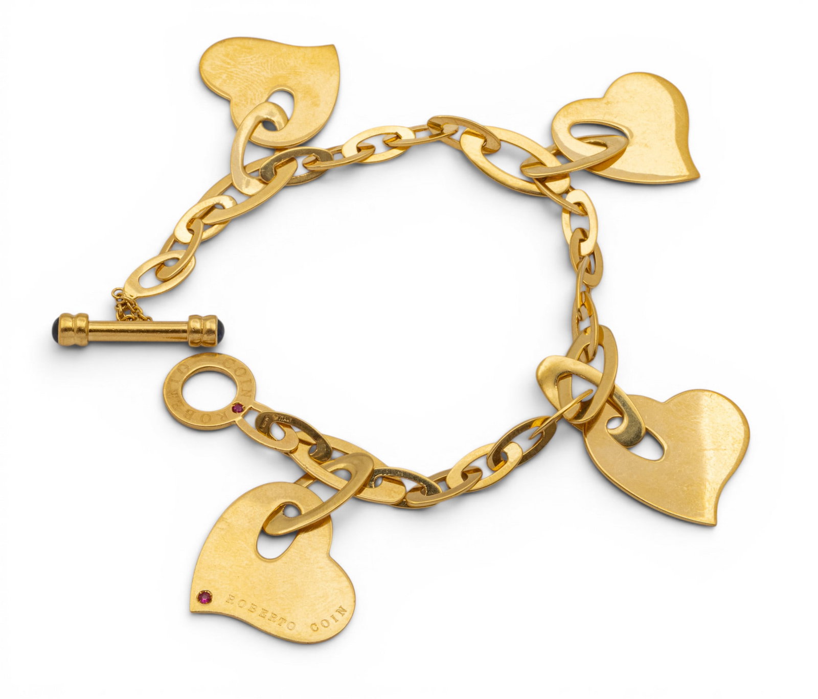 Roberto Coin (Italian) 14k Yellow Gold Charm Bracelet with Sapphire Toggle L 7.5" 24.1 g: Roberto Coin (Italian) 14k Yellow Gold Charm Bracelet with Sapphire Toggle L 7.5" 24.1 g One 14k yellow gold bracelet having alternating size oval links and toggle clasp with dangling heart charms. Re