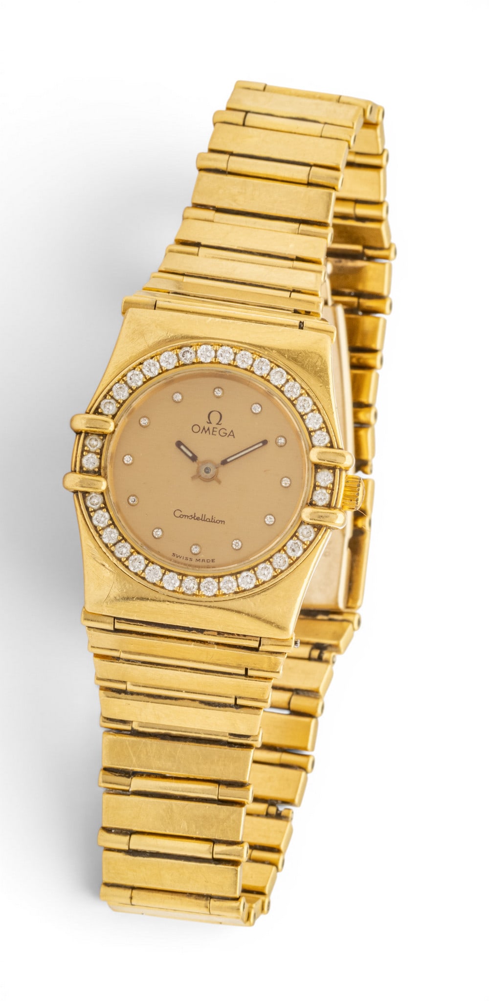 Omega 18kt Gold Constellation Wrist Watch with Diamonds L 6.5" 53 g 1 PC: Omega 18kt Gold Constellation Wrist Watch with Diamonds L 6.5" 53 g 1 PC Diamond dial and diamond bezel. Impressed 750 or 18K gold. Model 11751500. Appraisal from Karagosian Jewellers Orchard Lake Rd.