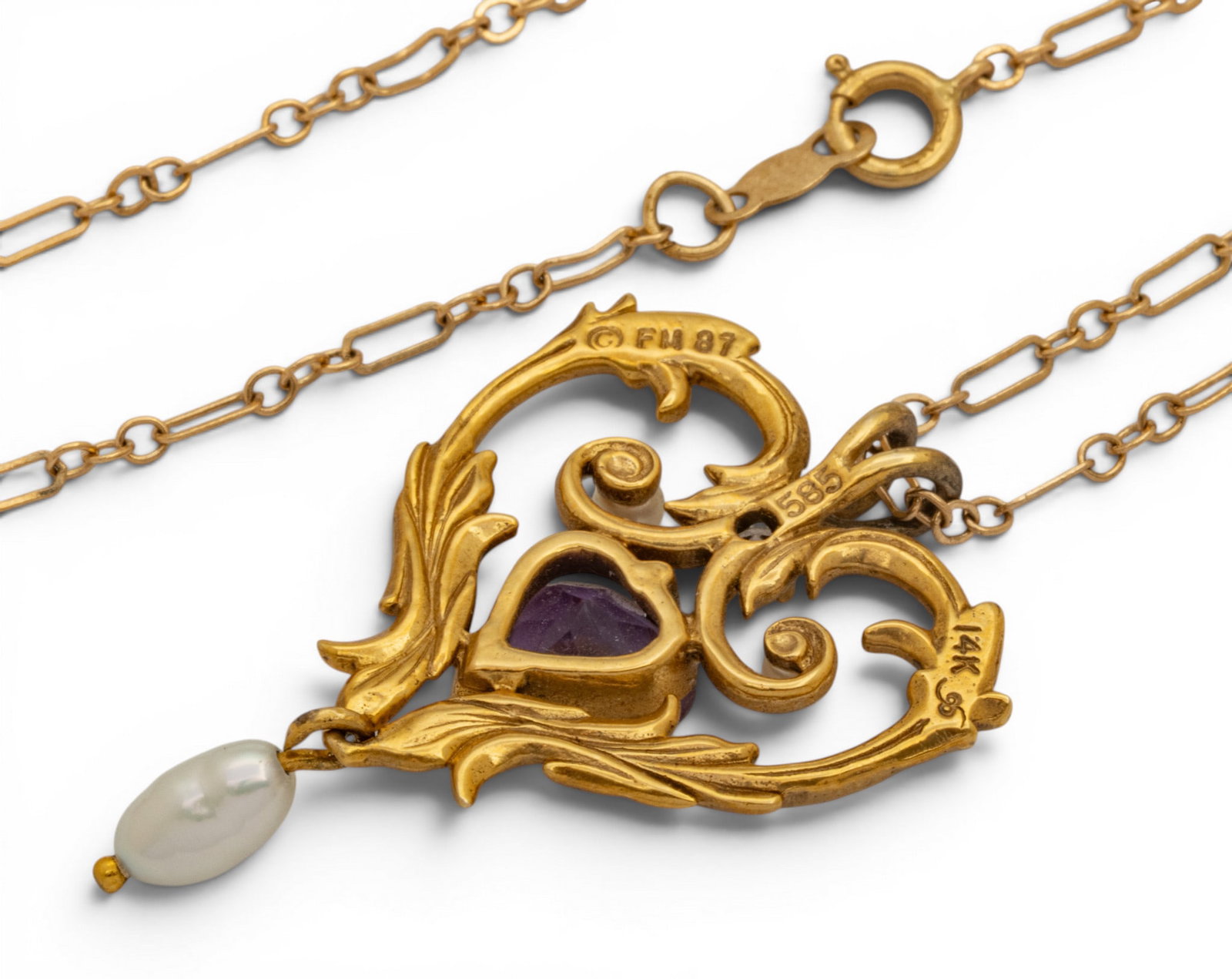 14kt Yellow Gold Lavaliere, with Pendant Impressed 585, Heart Shaped Amethyst, 3 Seed Pearls and - 2