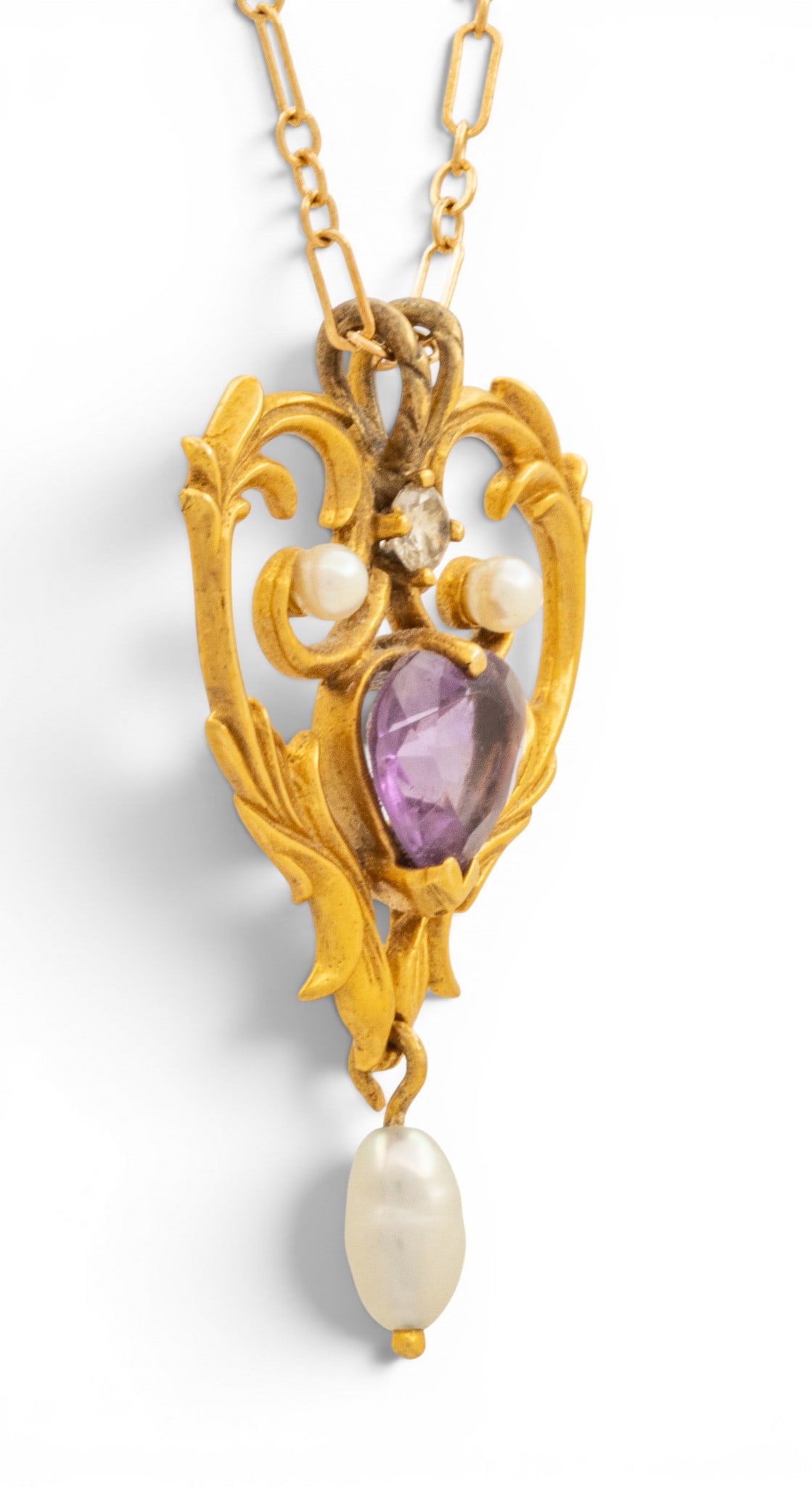 14kt Yellow Gold Lavaliere, with Pendant Impressed 585, Heart Shaped Amethyst, 3 Seed Pearls and - 3