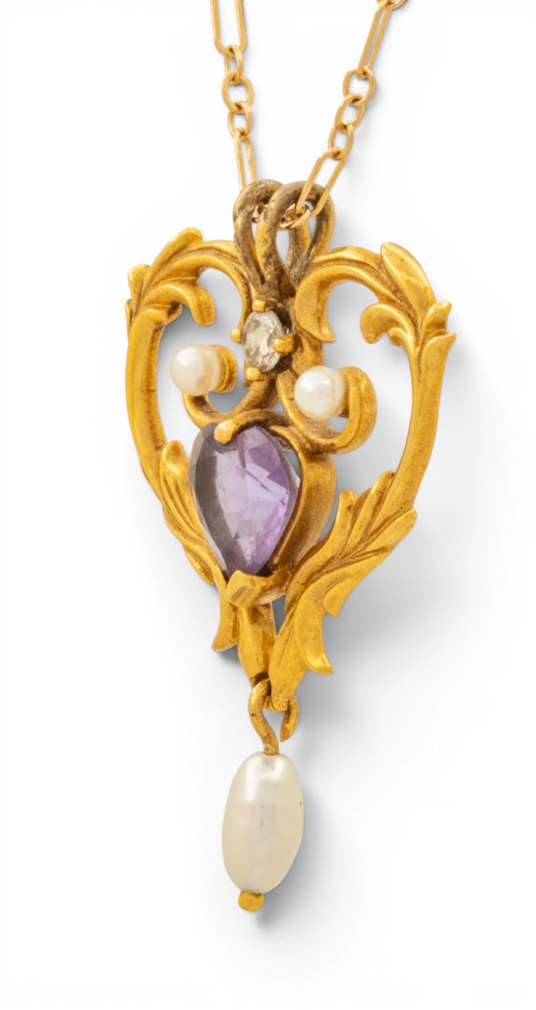 14kt Yellow Gold Lavaliere, with Pendant Impressed 585, Heart Shaped Amethyst, 3 Seed Pearls and - 4