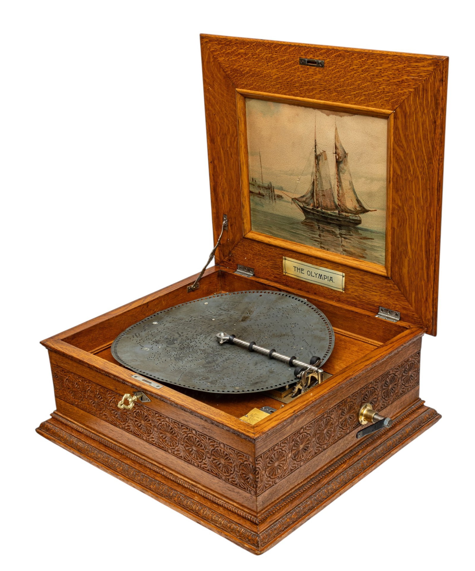 Olympia Carved Oak Table Top Music Box 1900, '15 3/4" Discs', H 9.5" W 22" Depth 19.5" (1 of 12)