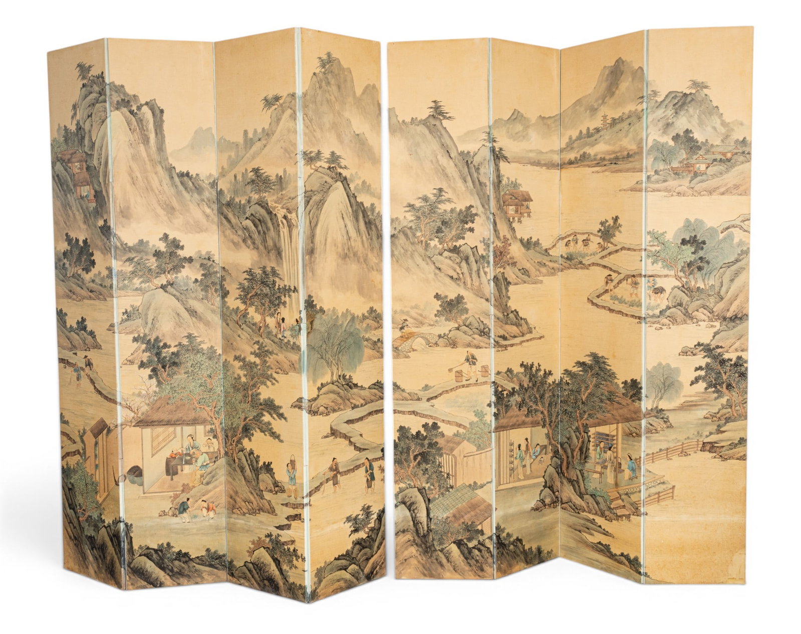 Chinese Hand Painted Divider Screen, Eight Panels, Watercolor on Paper Circa 1900, H 96" W 17" 1 PC (1 of 7)