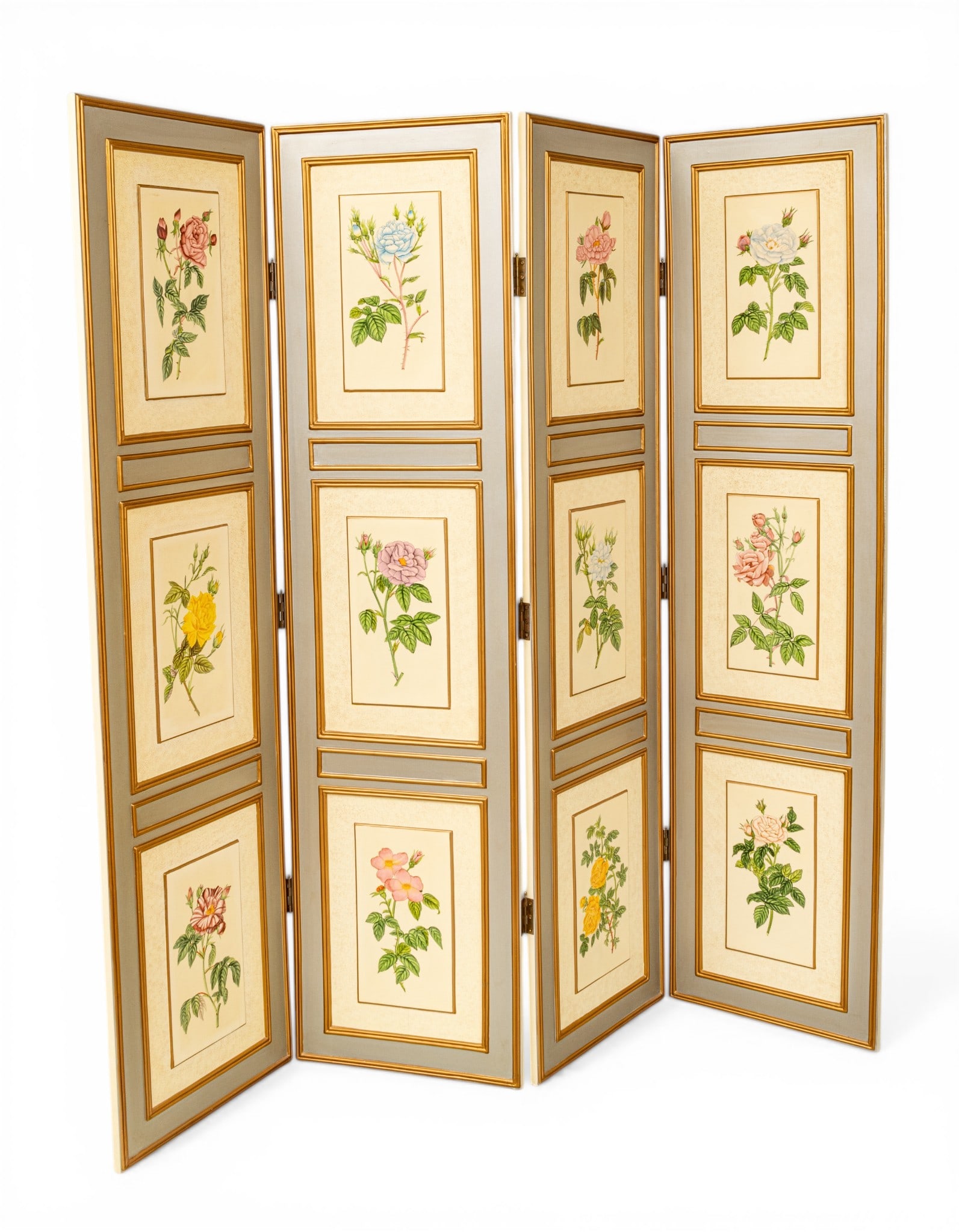 Hand Painted Four Section Folding Screen, Garden Flowers 1960, H 78" W 80" 1 PC (1 of 10)