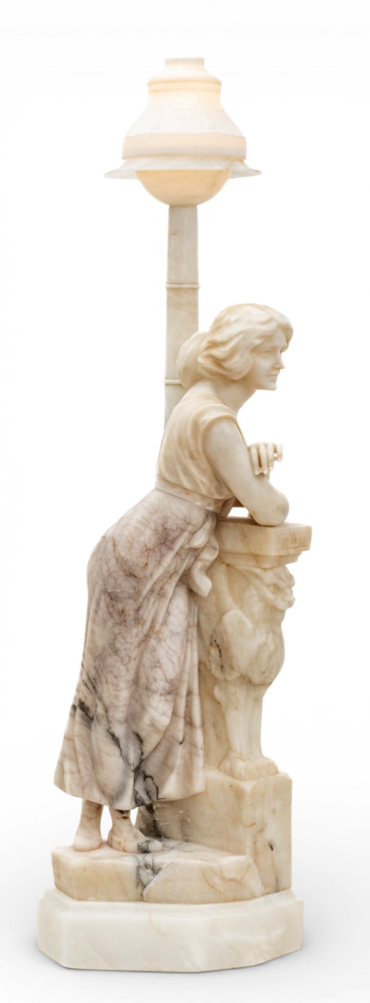 In the Manner of Giusseppe Bessi (Italian, 1857-1922) Art Deco Hand Carved Marble and Alabaster: In the Manner of Giusseppe Bessi (Italian, 1857-1922) Art Deco Hand Carved Marble and Alabaster Figural Lamp 1920-1930, 'Classical Maiden', H 46.5" W 11" Depth 9" Depicting a classically draped female
