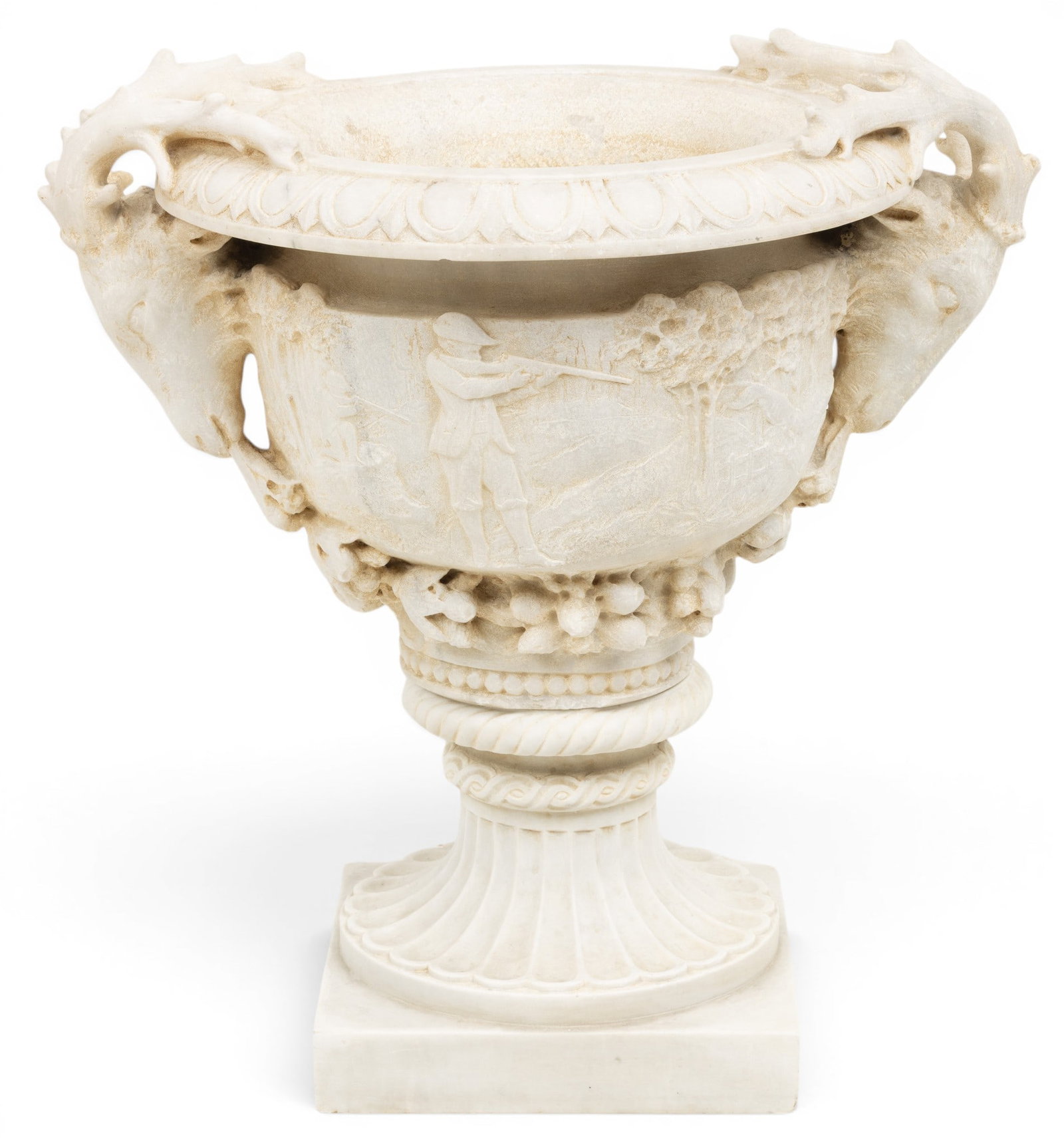 Italy Hand Carved Marble Urn, Stag Head Handles 1930, H 18" W 18" Depth 14" 1 PC (1 of 5)