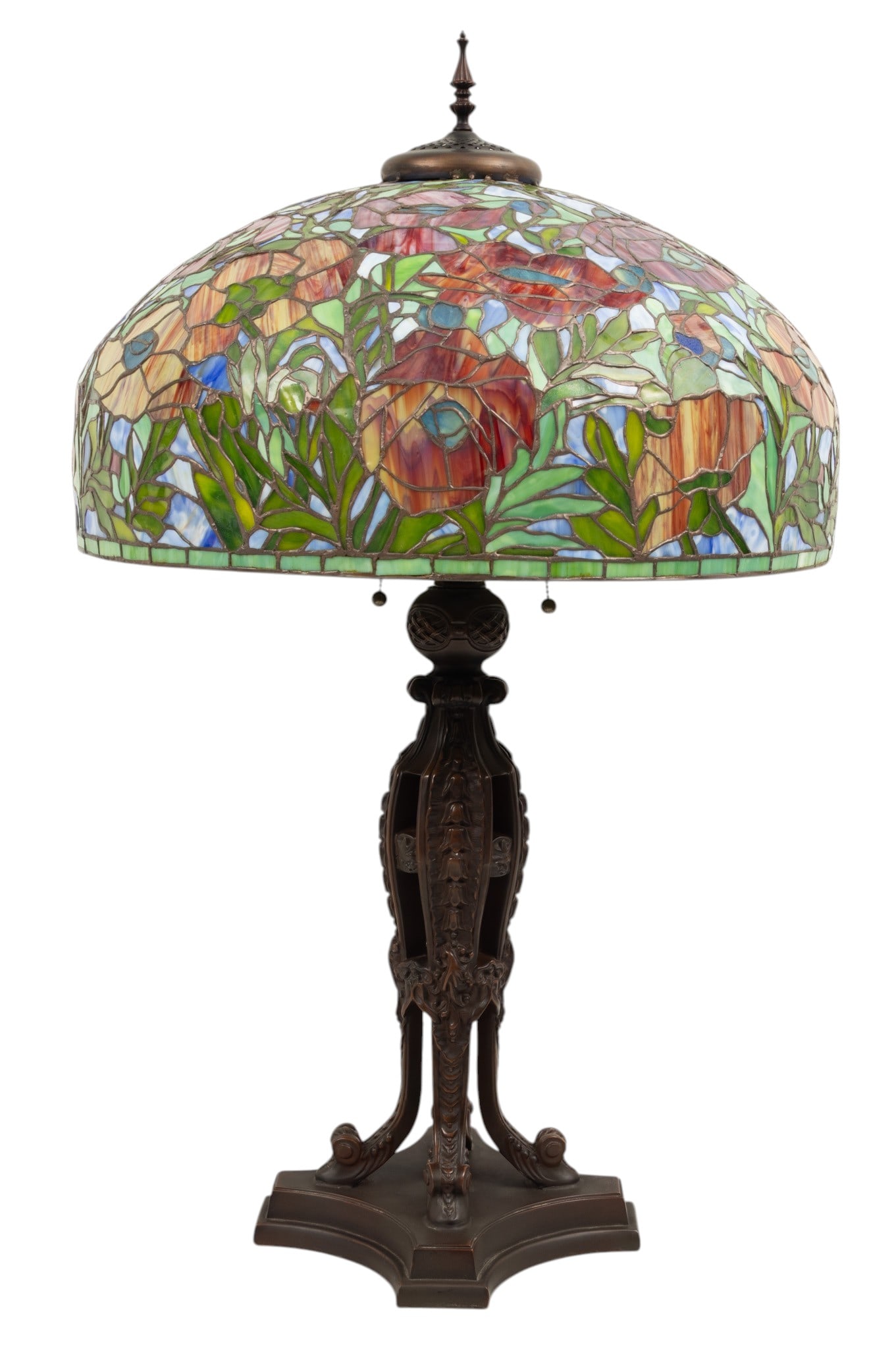 Tiffany Style Art Glass Monumental Table Lamp on Bronze Finished Base 20th C., 'Oriental Poppy', H: Tiffany Style Art Glass Monumental Table Lamp on Bronze Finished Base 20th C., 'Oriental Poppy', H 42" Dia. 26" Dome form shade with red poppies with leaves in hues of red, green, and on a blue ground