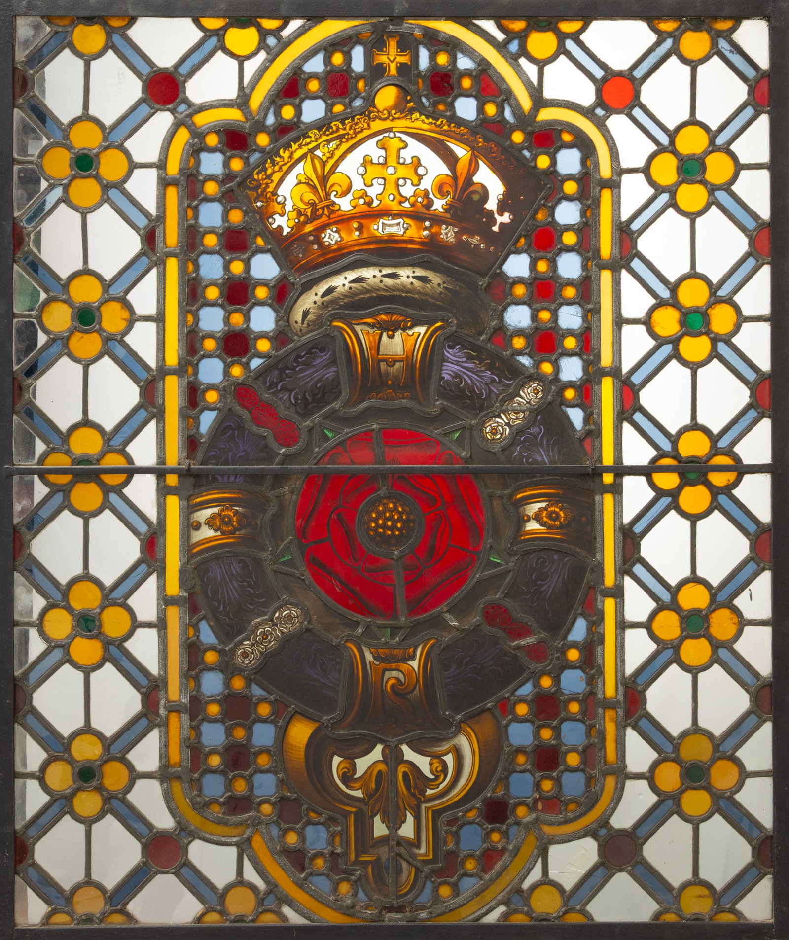 Stained and Leaded Glass Window, Iron Frame 19th.c., H 31" W 26" (1 of 5)
