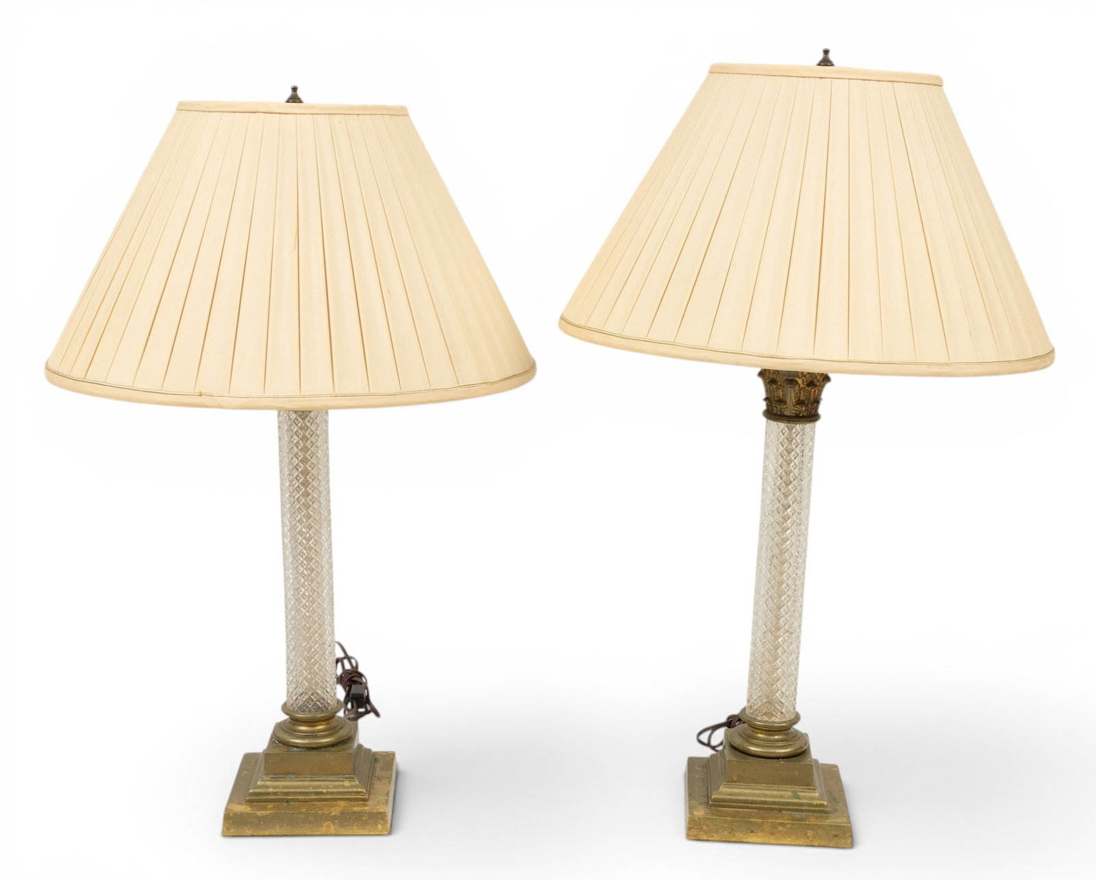 Glass and Ormolu Corinthian Column Table Lamps, Ca. 19th C., H 28" W 6" Depth 6" 1 PAIR: Glass and Ormolu Corinthian Column Table Lamps, Ca. 19th C., H 28" W 6" Depth 6" 1 PAIR Each of Corinthian column shape, containing brilliant star-cut facetted glass cylinders with ormolu upper column