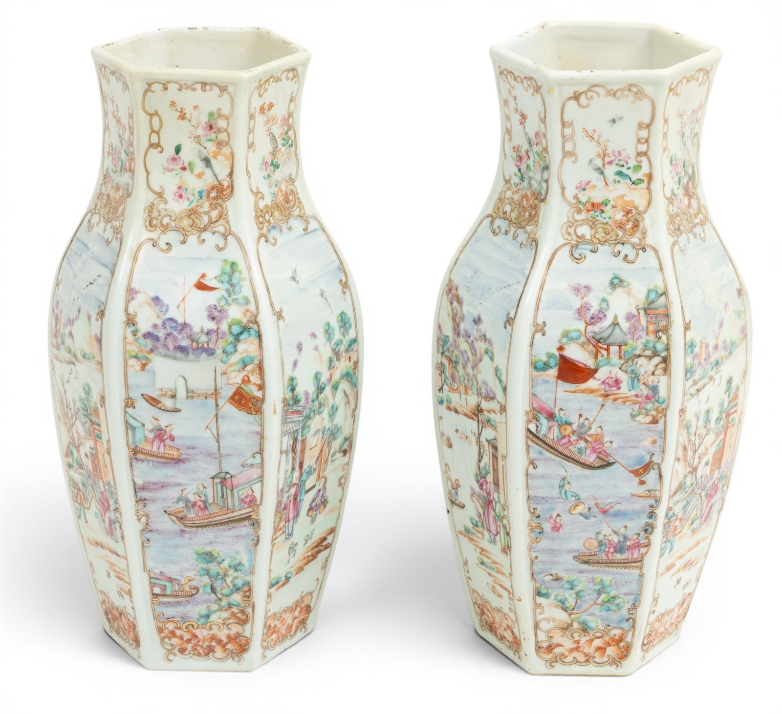 Chinese Export Hexagonal Porcelain Vases Pair 18th Century, H 16" 1 PAIR (1 of 4)