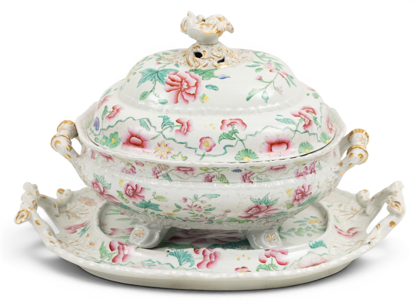 Hicks & Meigh (English, 1807-1822) Stone China Covered Tureen and Underplate 19th C., 'Floral: Hicks & Meigh (English, 1807-1822) Stone China Covered Tureen and Underplate 19th C., 'Floral Pattern No.8', H 9" W 8" L 13" 2 PCS Having hand painted peonies on leafy vines. Fired gold accents. Foote
