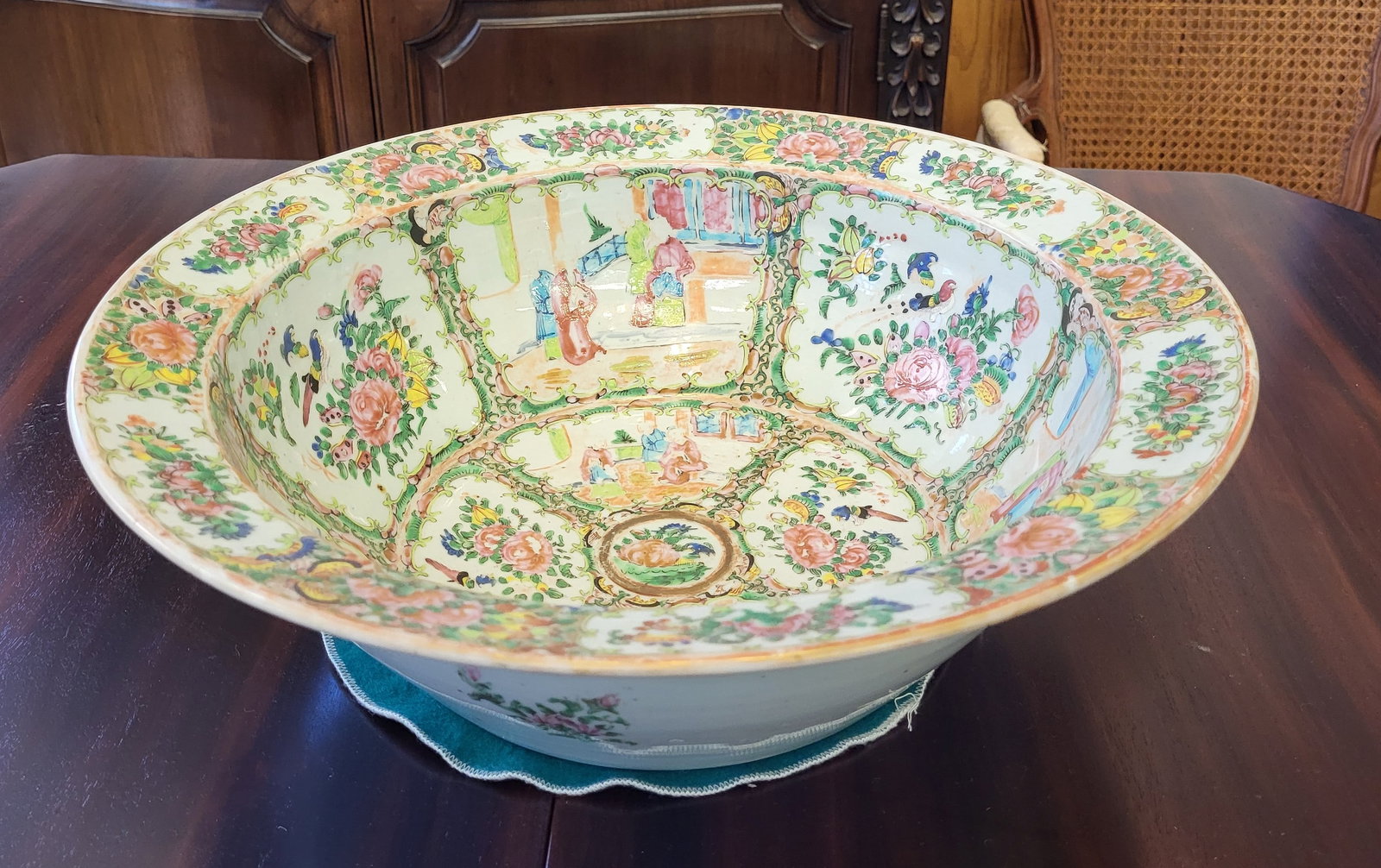Chinese Rose Medallion Porcelain Punch Bowl 1840-1860, H 5.25" Dia. 15.5": Chinese Rose Medallion Porcelain Punch Bowl 1840-1860, H 5.25" Dia. 15.5" Fine quality bowl with wide rim. Center interior medallion of floral blossom surrounded by alternating panels of flowers, bird