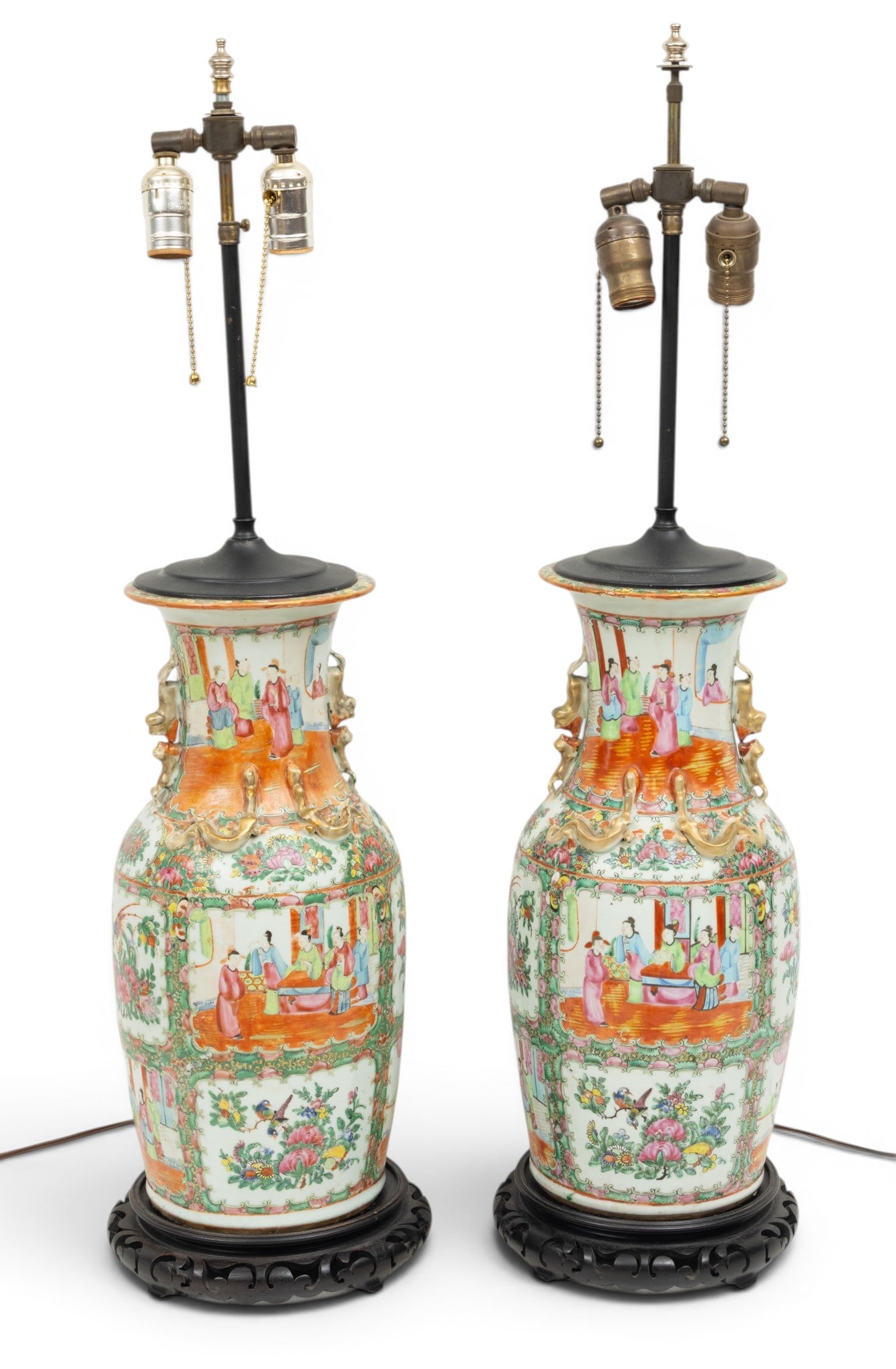 Chinese Rose Manderin Porcelain Vases Mounted As Lamps 1840, H 17.5" Dia. 8" 1 PAIR (1 of 3)