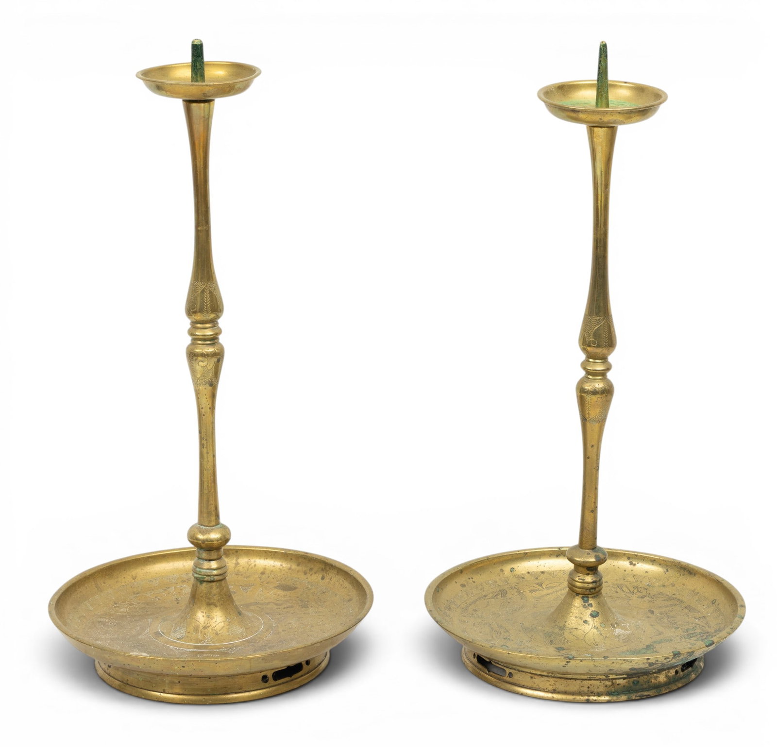 Chinese Brass Pricket Candlesticks with Reflector Shields 19th C., H 27" Dia. 10" 1 PAIR (1 of 4)