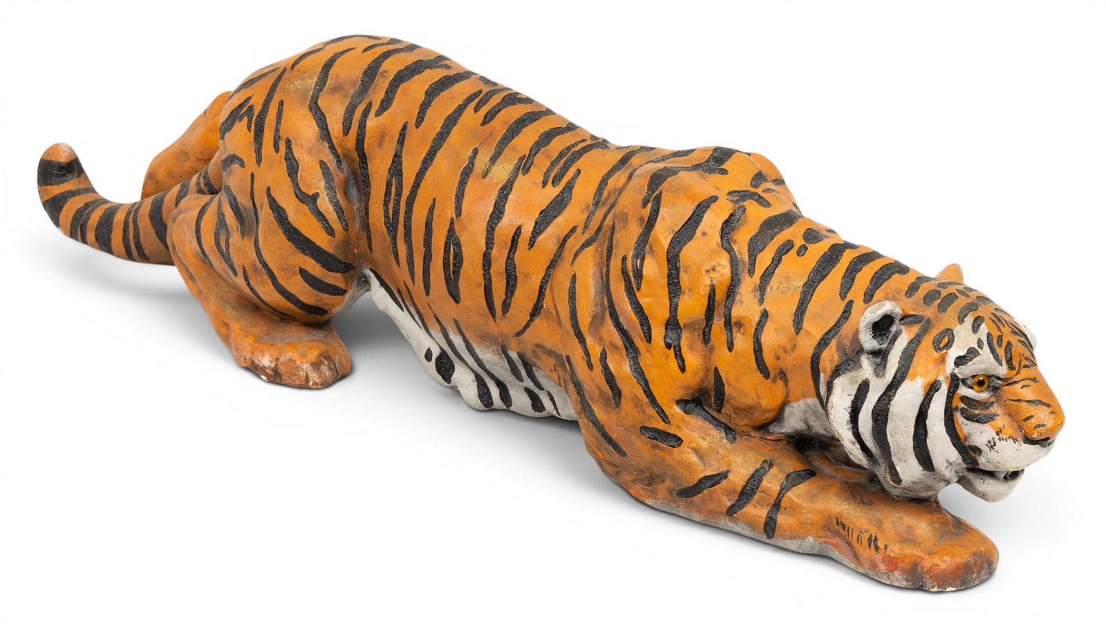 Mid Century Hand Painted Plaster Stalking Tiger, Ca. 1960s, H 8" W 6.5" L 33" (1 of 5)