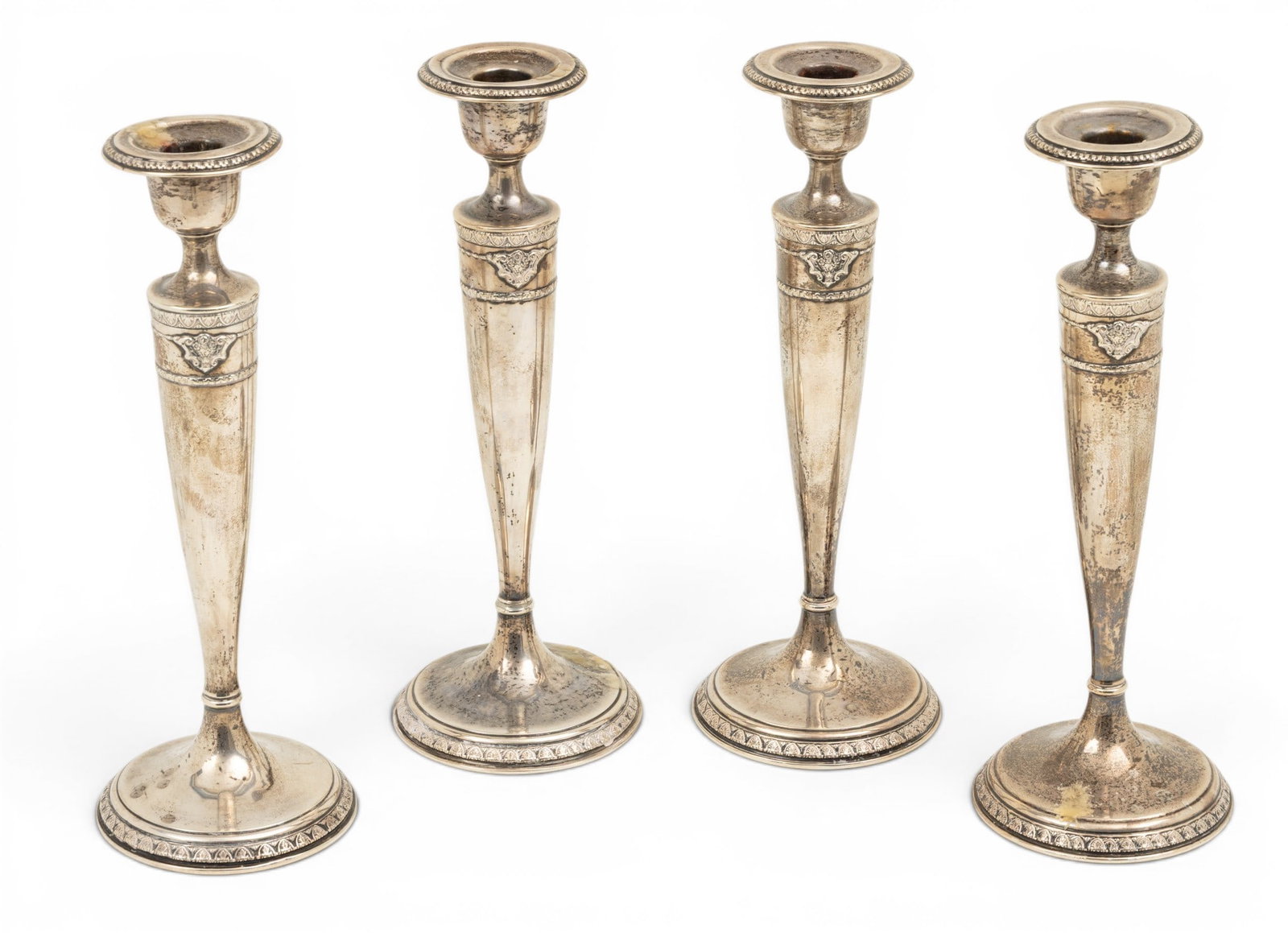 Mathews Silver Co Sterling Silver Candlesticks '"Kenwood" Pattern', H 11.5" 2 PAIRS: Mathews Silver Co Sterling Silver Candlesticks '"Kenwood" Pattern', H 11.5" 2 PAIRS With a maker's mark of an M intersected by a half crescent. Mathews Silver Company, Newark, New Jersey. #80 - 