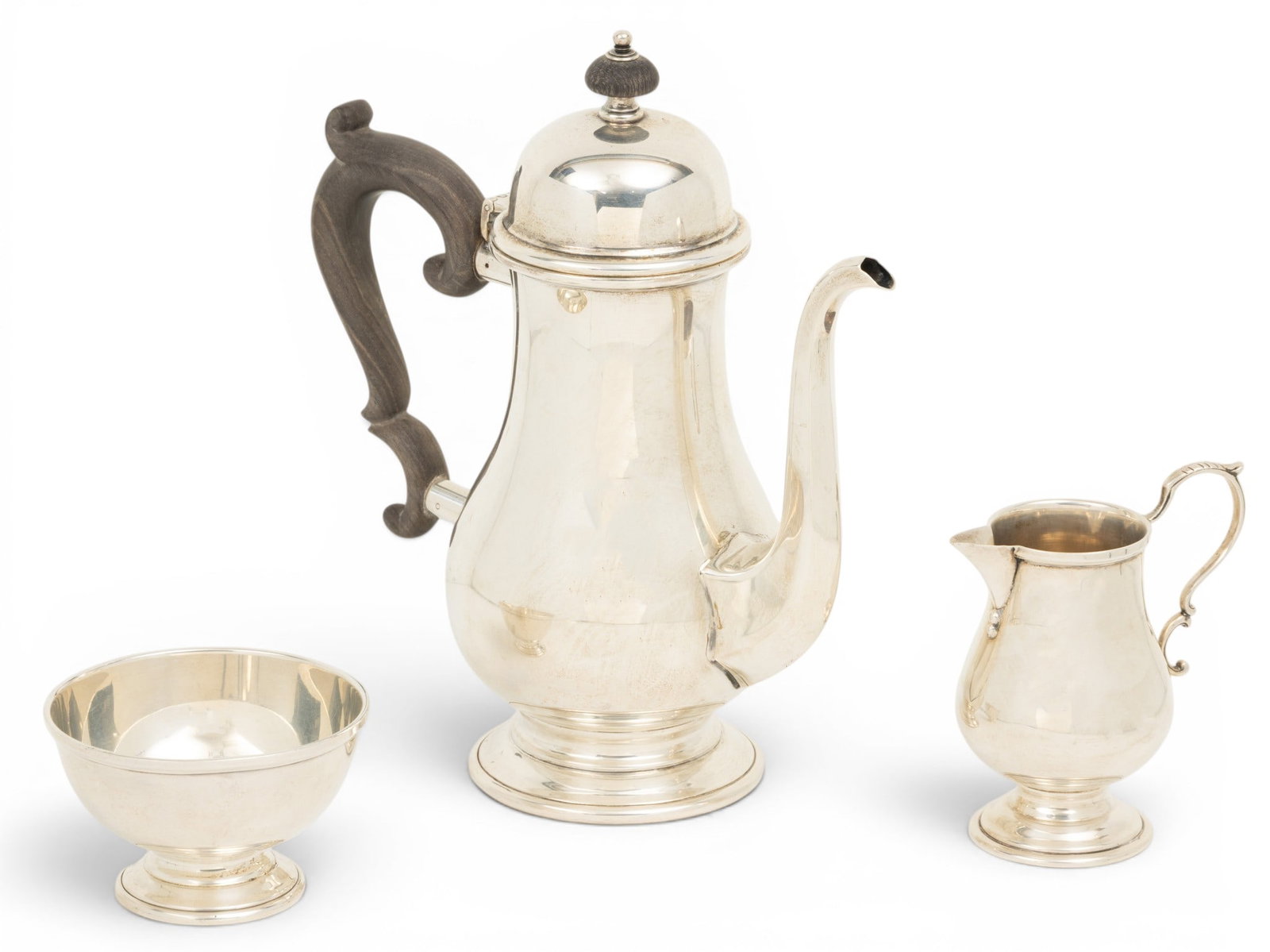 Revere Silver Co. (American 1914-1955) Sterling Silver Tea SEt 1960, 23.7 t oz 3 PCS: Revere Silver Co. (American 1914-1955) Sterling Silver Tea SEt 1960, 23.7 t oz 3 PCS Coffee pot teak heat resist handle. Open sugar and creamer. No monograms. Provenance: Property from the Colle