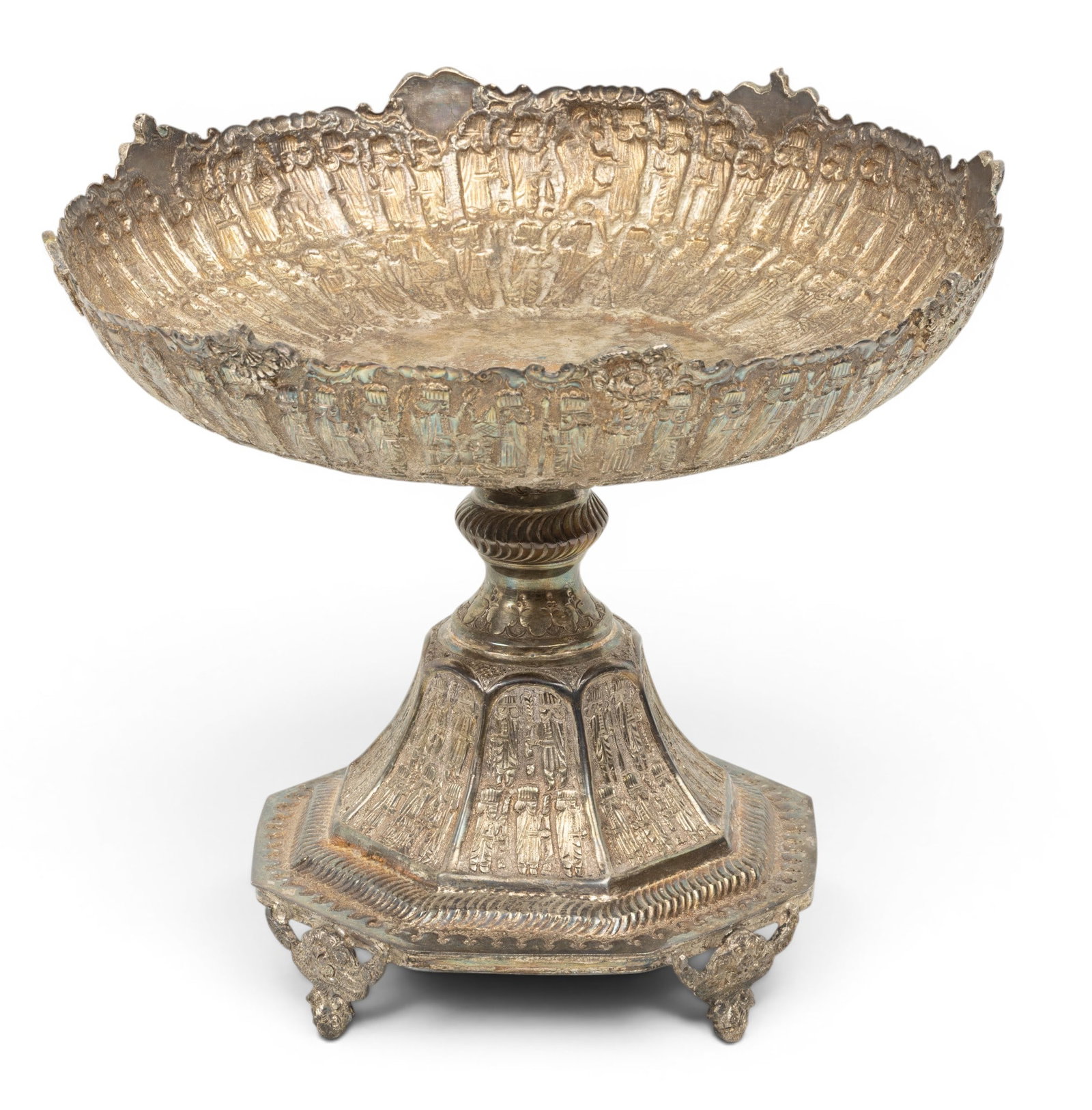 Persian 84 Silver Compote H 10" Dia. 11.75" 42 t oz 1 PC: Persian 84 Silver Compote H 10" Dia. 11.75" 42 t oz 1 PC Relief Persepolis pattern. Hallmarked. 84 silver. Provenance: Property from a Clarkston, MI consignor Dimensions: H 10" Dia 11.75" 42