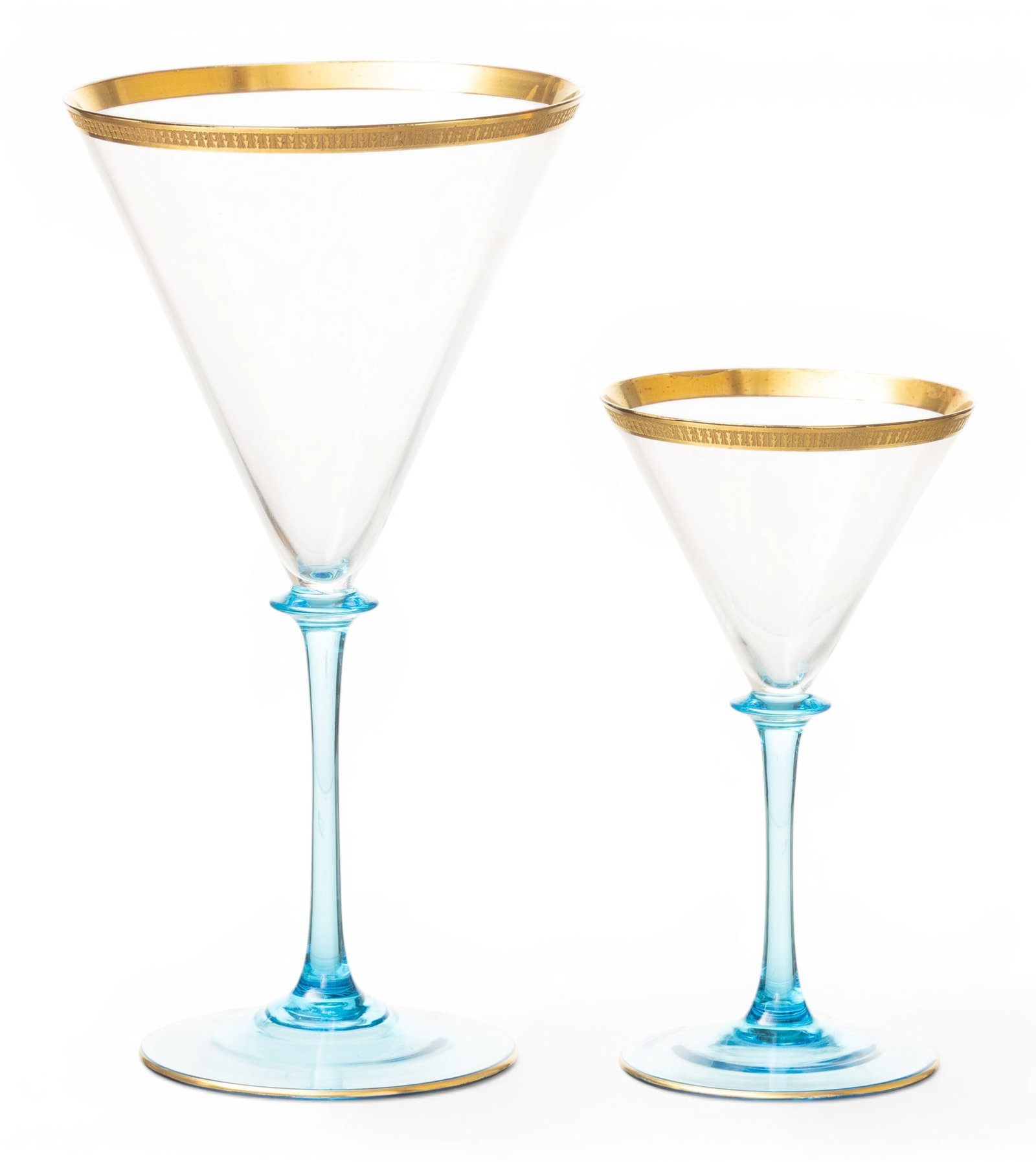 French Celeste Blue and Fired Gold Blown Glass Martini and Cocktail Stemware 1950, 30 PCS (1 of 3)