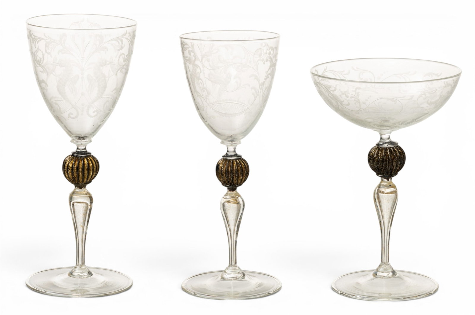 Murano (Venetian) Salviati Hand Blown Glasses, Gold Leaf Inclusions 47 PCS (1 of 5)