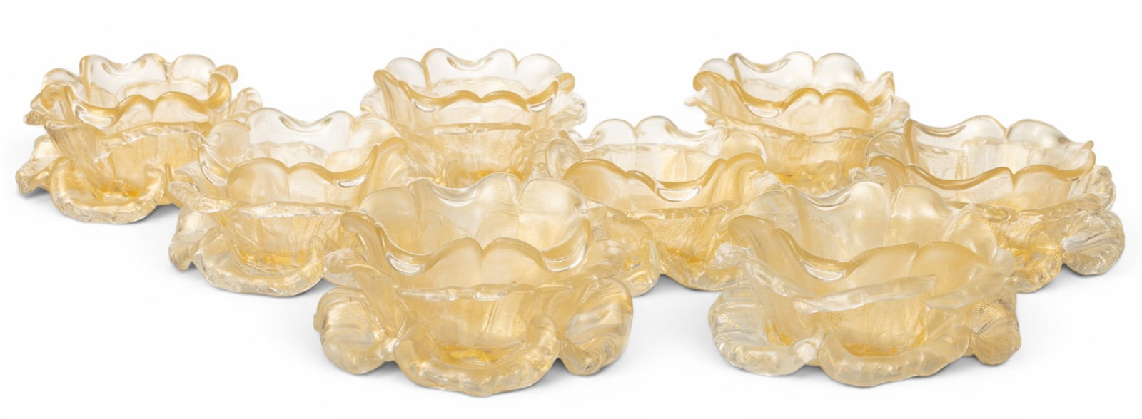 Murano (Venetian) Hand Blown with Gold Dessert Dishes Set of Eight 1920, H 3" Dia. 6" 8 PCS: Murano (Venetian) Hand Blown with Gold Dessert Dishes Set of Eight 1920, H 3" Dia. 6" 8 PCS With real gold hand blown in the glass in flower petal form frames. Provenance: Property from the Coll