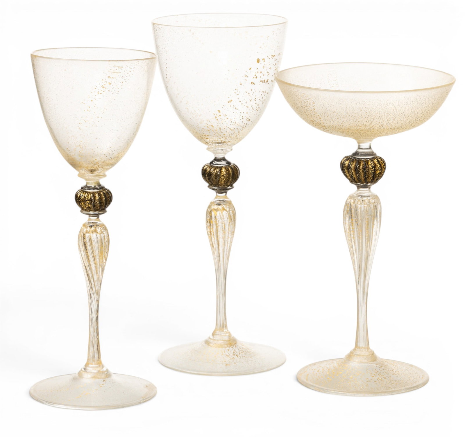 Murano (Venetian) Glass Goblets (9), Champagnes (9), Wine Glasses (6) 1920, 24 PCS (1 of 5)