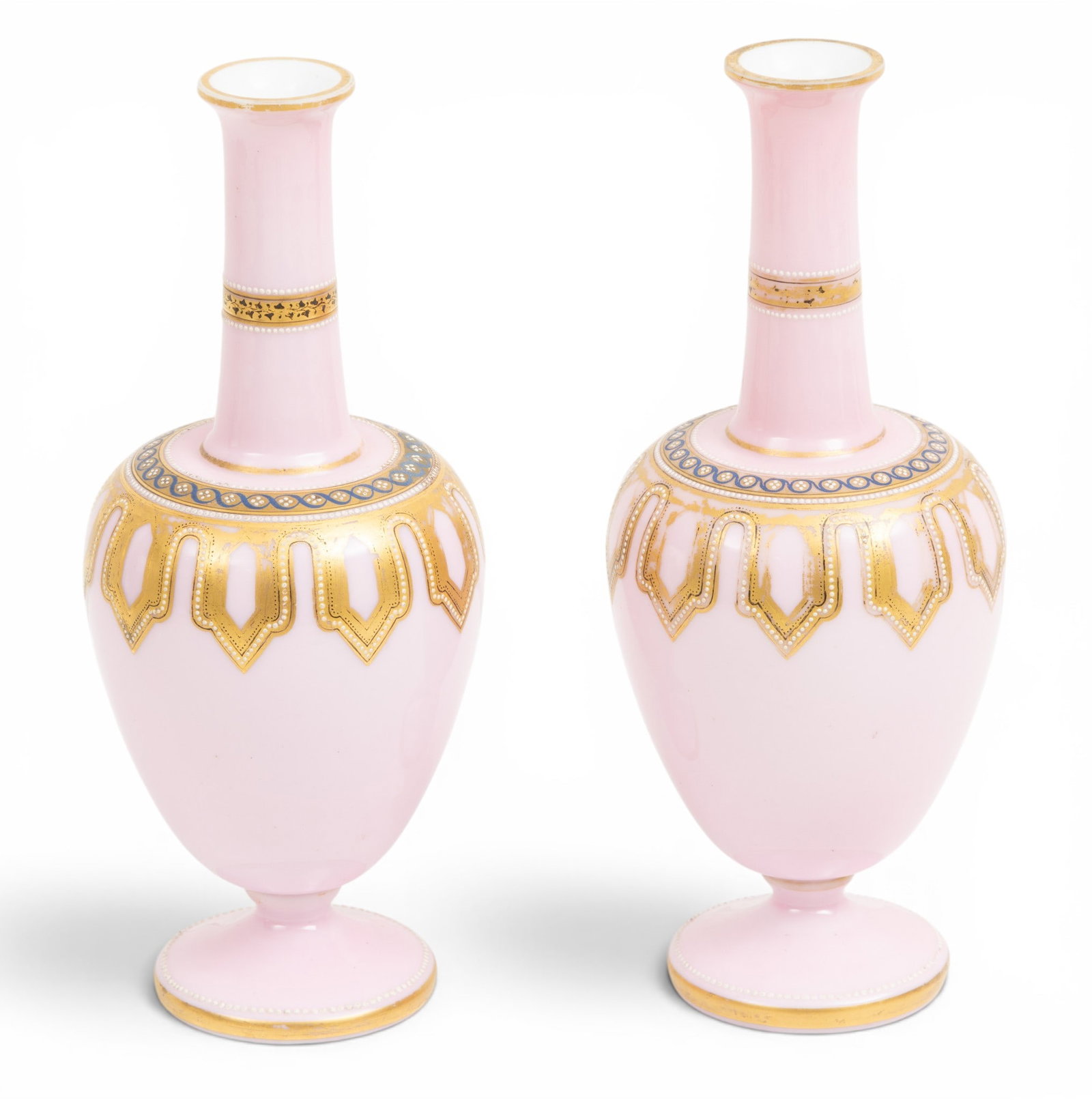 English Bristol Vases, Pink Opaline Glass, Pedestal Bases, Ca. 1880, H 9.75" Dia. 4" 1 PAIR (1 of 3)