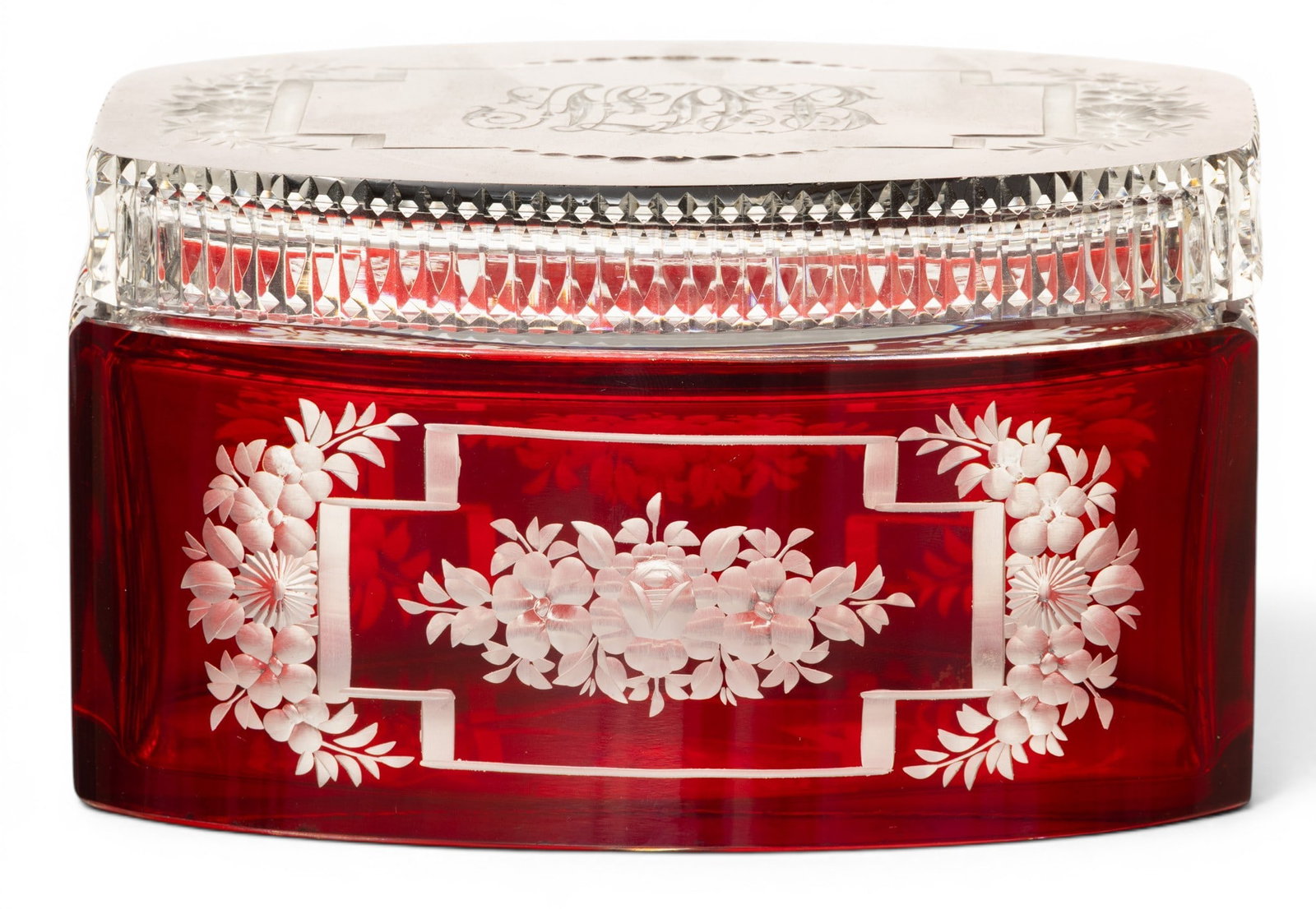 Bohemian Etched Crystal Overlay Covered Box 19th Century, H 4" L 7" (1 of 5)
