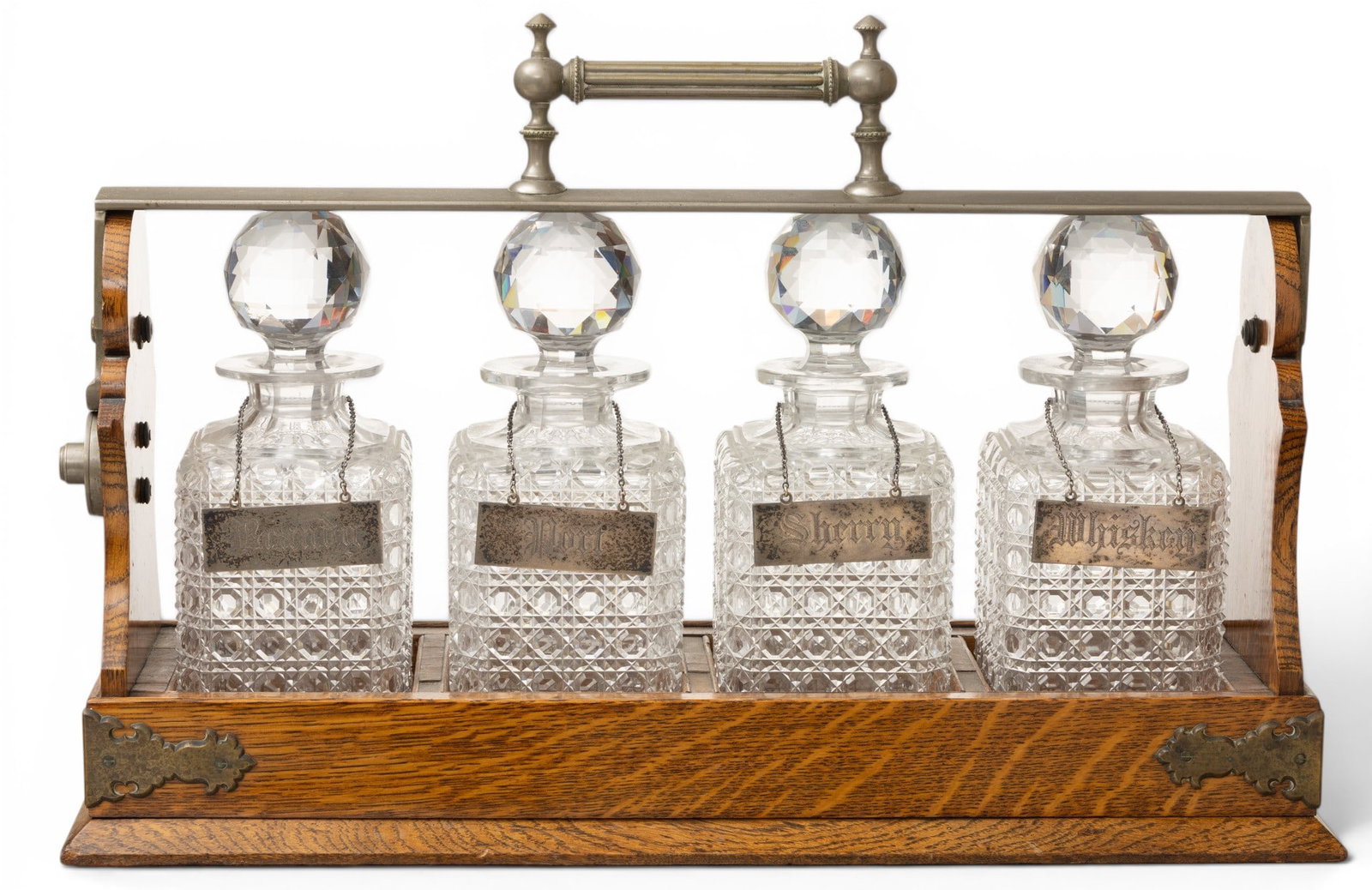 George Betjemann (London) Oak Four Bottle Tantalus Set, Ca. 19th Century, H 13" W 19.5" Depth 5.75" (1 of 5)