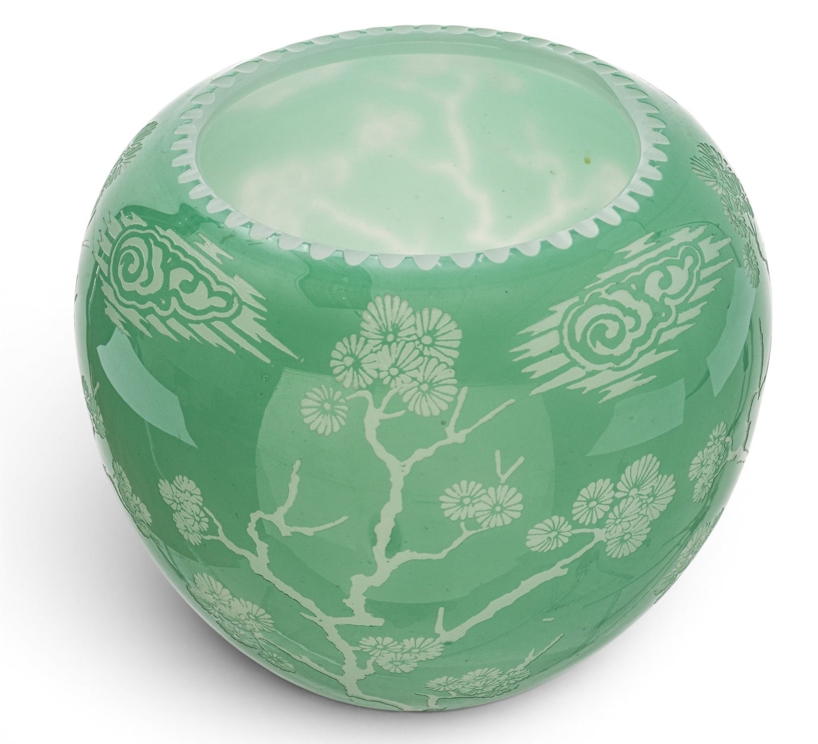 Frederick Carder for Steuben Glass Works (American, 1863-1963) Acid Cut-Back Celadon Green: Frederick Carder for Steuben Glass Works (American, 1863-1963) Acid Cut-Back Celadon Green Jardiniere Circa 1910, H 7" Dia. 8" In a celadon green color. Depicting pine trees and cloud formations. Jade