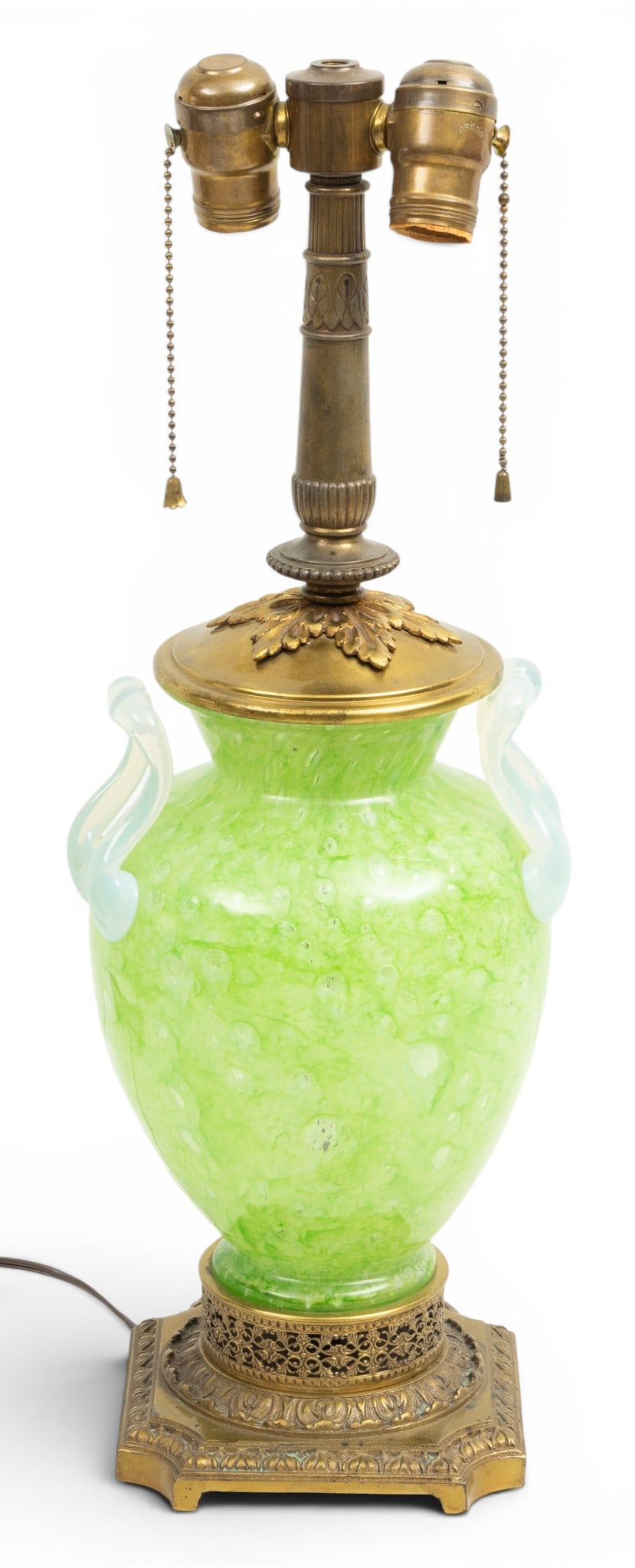 Steuben Glass Works (American) Green Cluthra Vase with Opaline Double Handles, Mounted As a Lamp,: Steuben Glass Works (American) Green Cluthra Vase with Opaline Double Handles, Mounted As a Lamp, Ca. 1930, H 10" Dia. 7.5" Green Cluthra vase with applied opaline glass handles. Drilled and mounted a