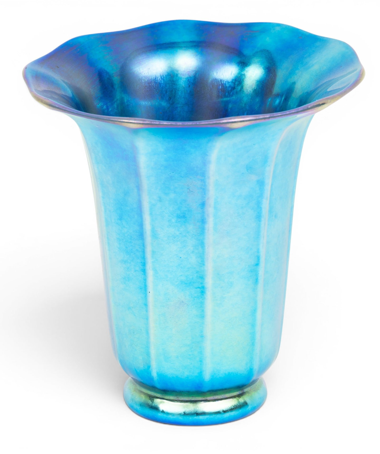 Steuben (American) Blue Aurene Glass Trumpet Vase H 4.75" Dia. 5.25" (1 of 3)