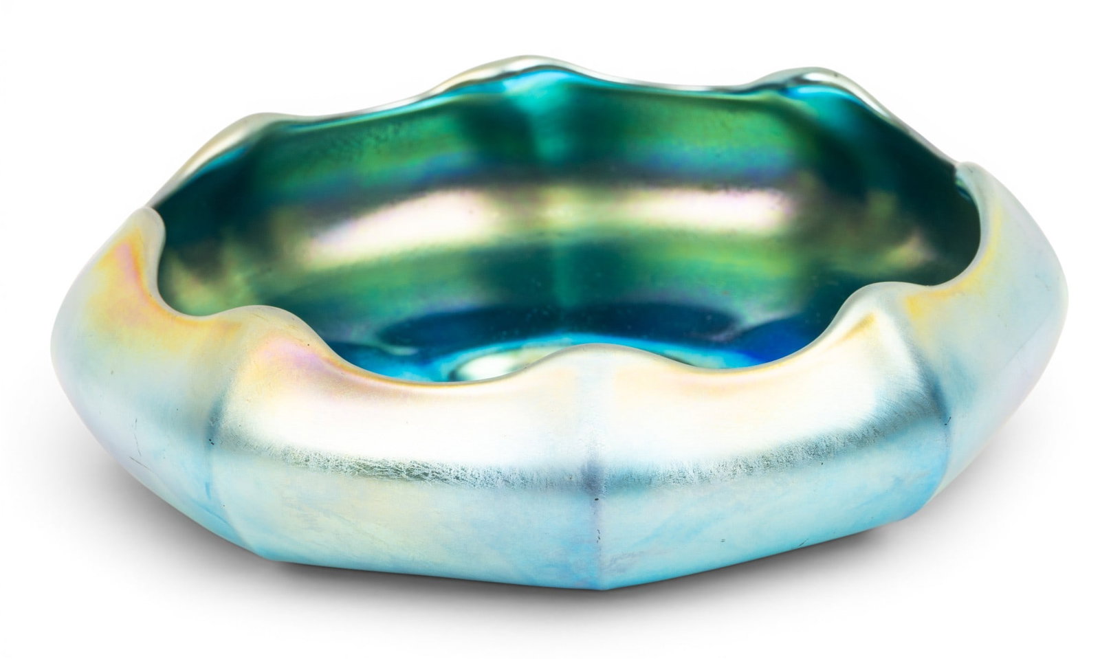 Steuben Glass Works (American) Blue Aurene Art Glass Bowl 1920, H 22.75" Dia. 8": Steuben Glass Works (American) Blue Aurene Art Glass Bowl 1920, H 22.75" Dia. 8" Blue Aurene bowl having inverted scalloped lip with blue Aurene having iridescent purple and gold tones. Signed on base