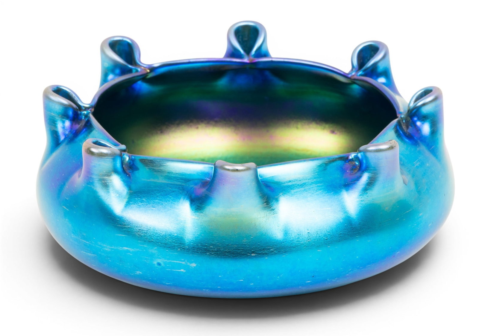 Steuben Glass Works (American) Blue Aurene Glass Crimped Lip Bowl 1920, H 3" Dia. 6.25" (1 of 5)