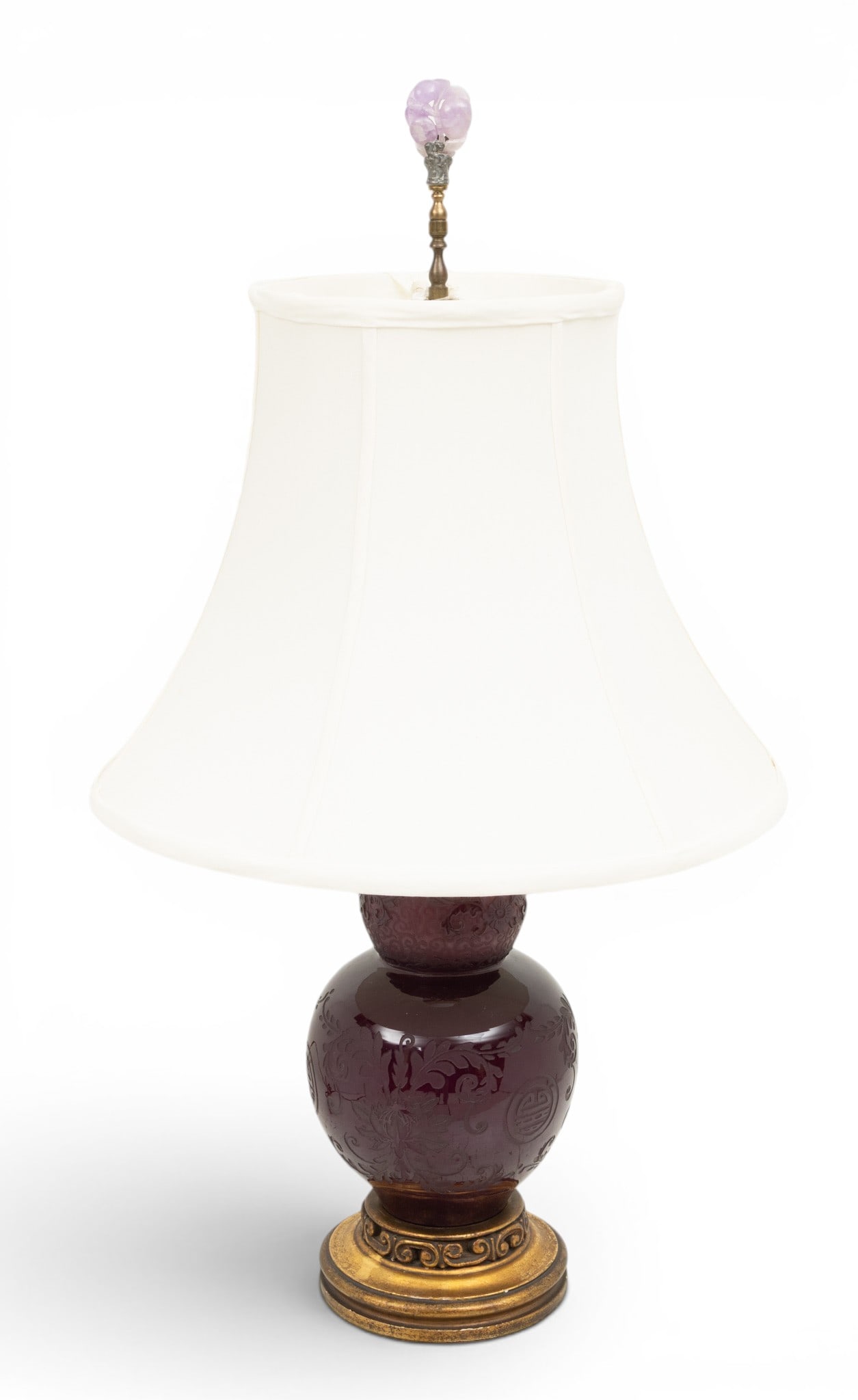 Frederick Carder for Steuben Glass Works Plum Jade Etched Cameo Glass Double Gourd Vase, Mounted As: Frederick Carder for Steuben Glass Works Plum Jade Etched Cameo Glass Double Gourd Vase, Mounted As a Lamp, Ca. 1930, H 12.5" Dia. 6.75" Steuben #8554. Includes shade with amethyst finial in a fruit f