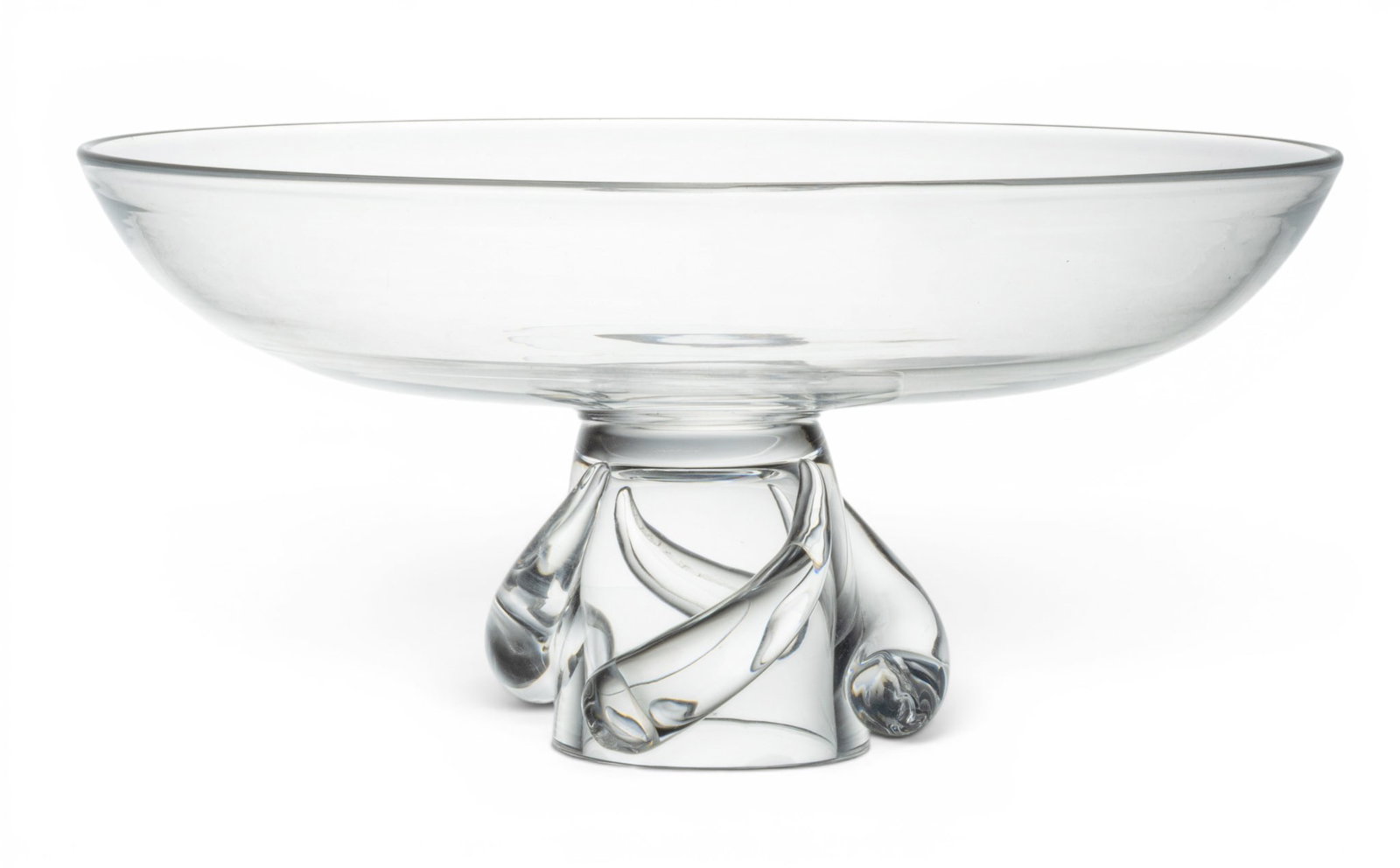 George Thompson for Steuben Glass Works (American, 1913-1981) Blown Glass Centerpiece Bowl 1945, H: George Thompson for Steuben Glass Works (American, 1913-1981) Blown Glass Centerpiece Bowl 1945, H 6.2" Dia. 13" 1 PC Pedestal base with three protruding waves or applied curled glass forms. Sig