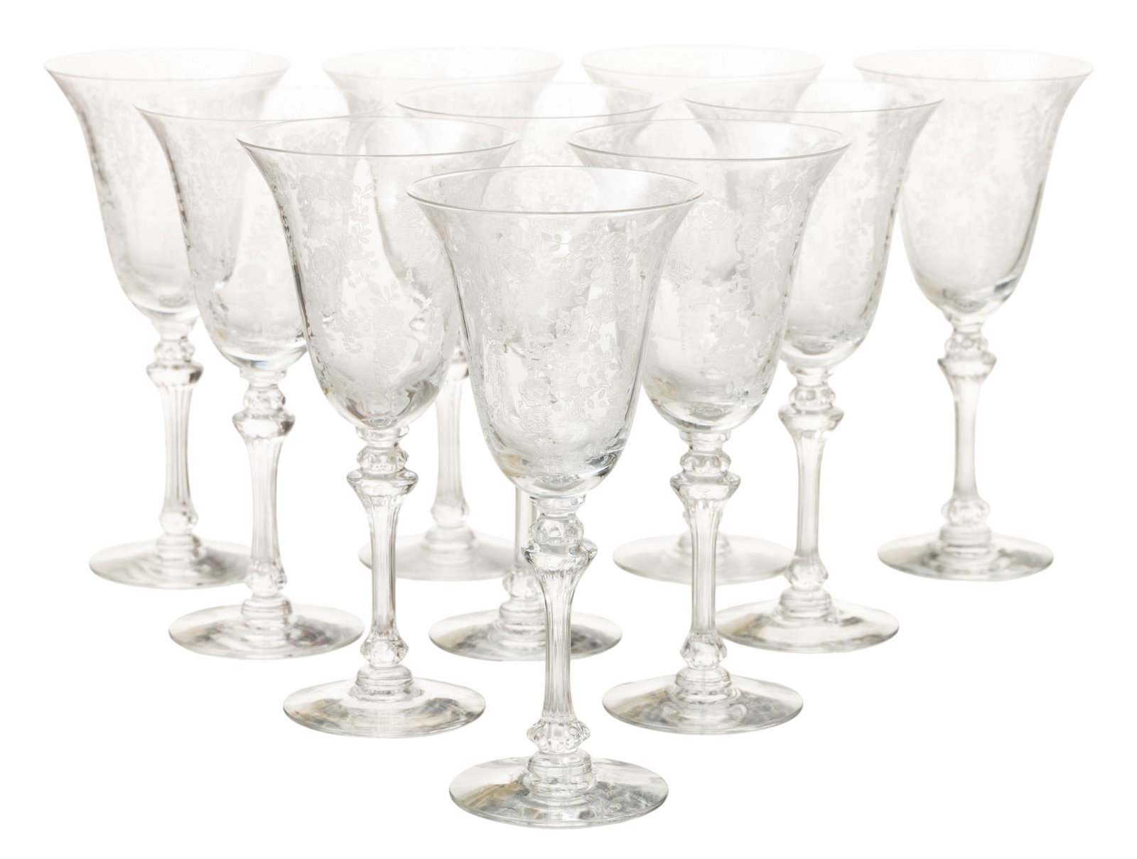 Tiffin Franciscan (Ohio) 'Cherokee Rose' Pattern Etched Crystal Water Goblets, H 8.125" Dia. 3.75" (1 of 2)