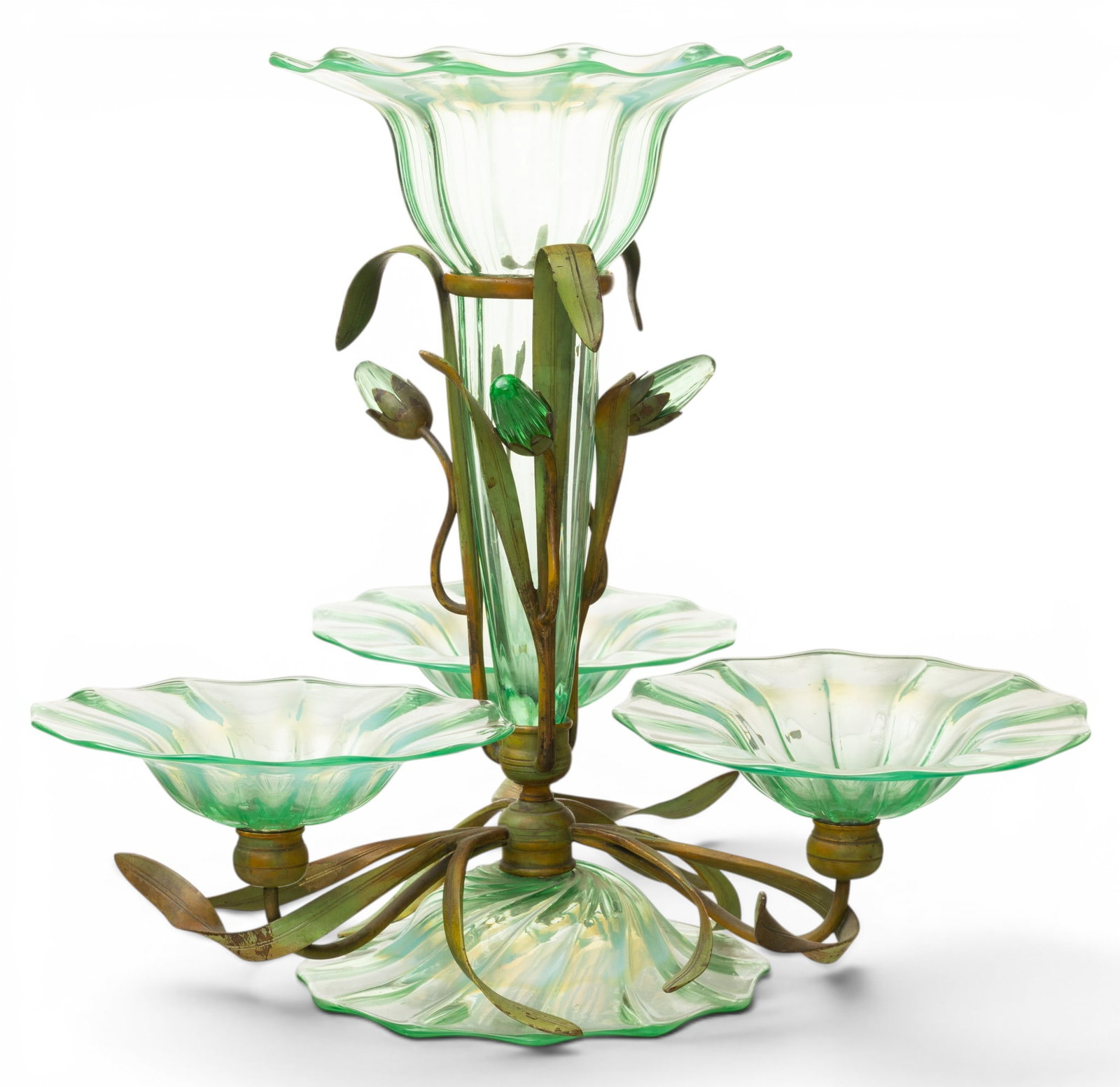 American Aesthetic Movement Patinated Metal and Colored Glass Epergne, Ca. 1880-1900, H 12.5" W (1 of 3)