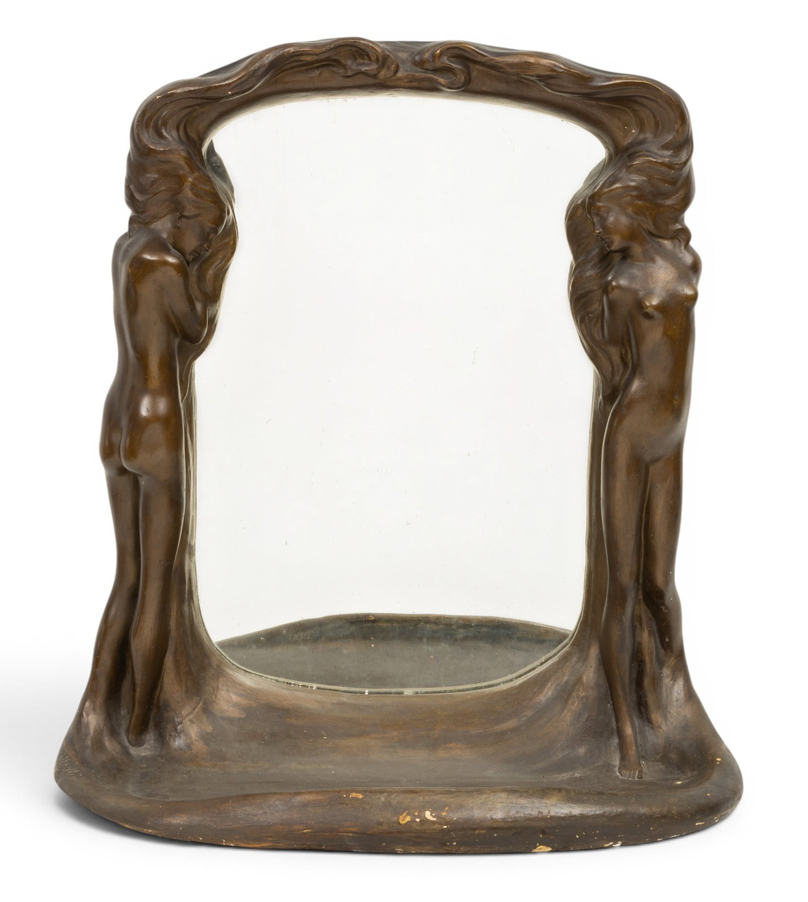 Eugène Émile Moulin (French, 1880-1914) for Goldscheider (Austrian) Art Nouveau Style: Eugène Émile Moulin (French, 1880-1914) for Goldscheider (Austrian) Art Nouveau Style Patinated Plaster Dresser Mirror, Early 20th C., H 22.5" W 20.5" Depth 8" Signed Moulin at the base. Sta