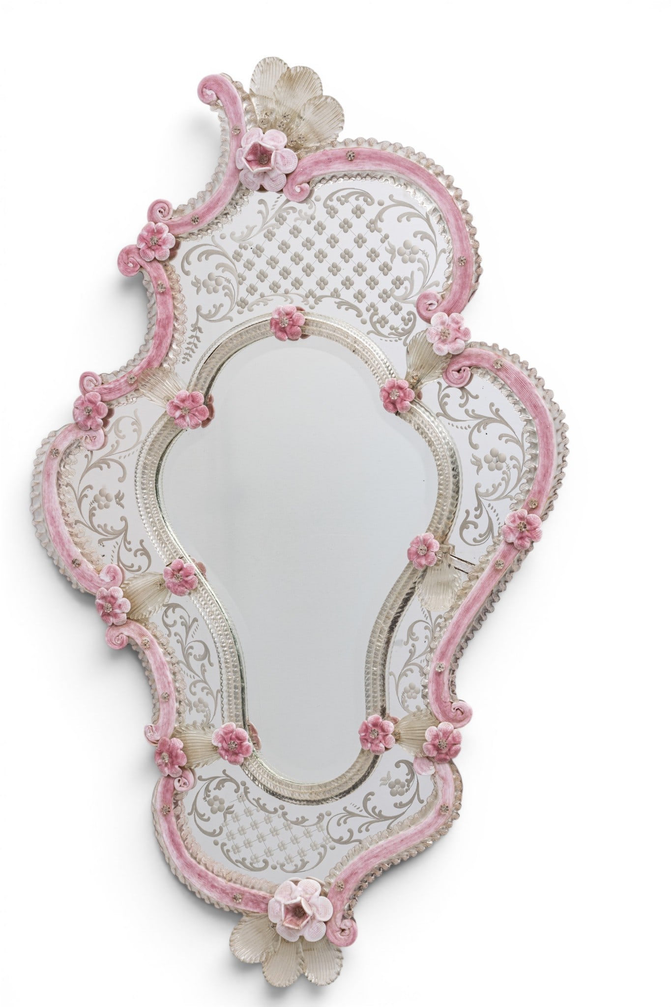 Venetian Murano Blown Glass Wall Mirror, Pink and Clear Circa 1960, W 24" L 38" 1 PC (1 of 4)