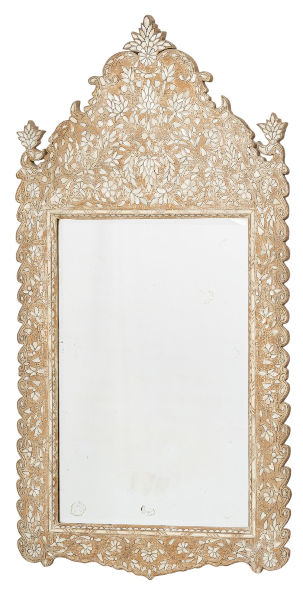 Moroccan Mother of Pearl Mirror Early 20th C., H 58" W 32": Moroccan Mother of Pearl Mirror Early 20th C., H 58" W 32" Stripped wood, inlaid with mother of pearl floral motifs with scalloped edges, domical shaped pediment. beveled glass inset. Provenance