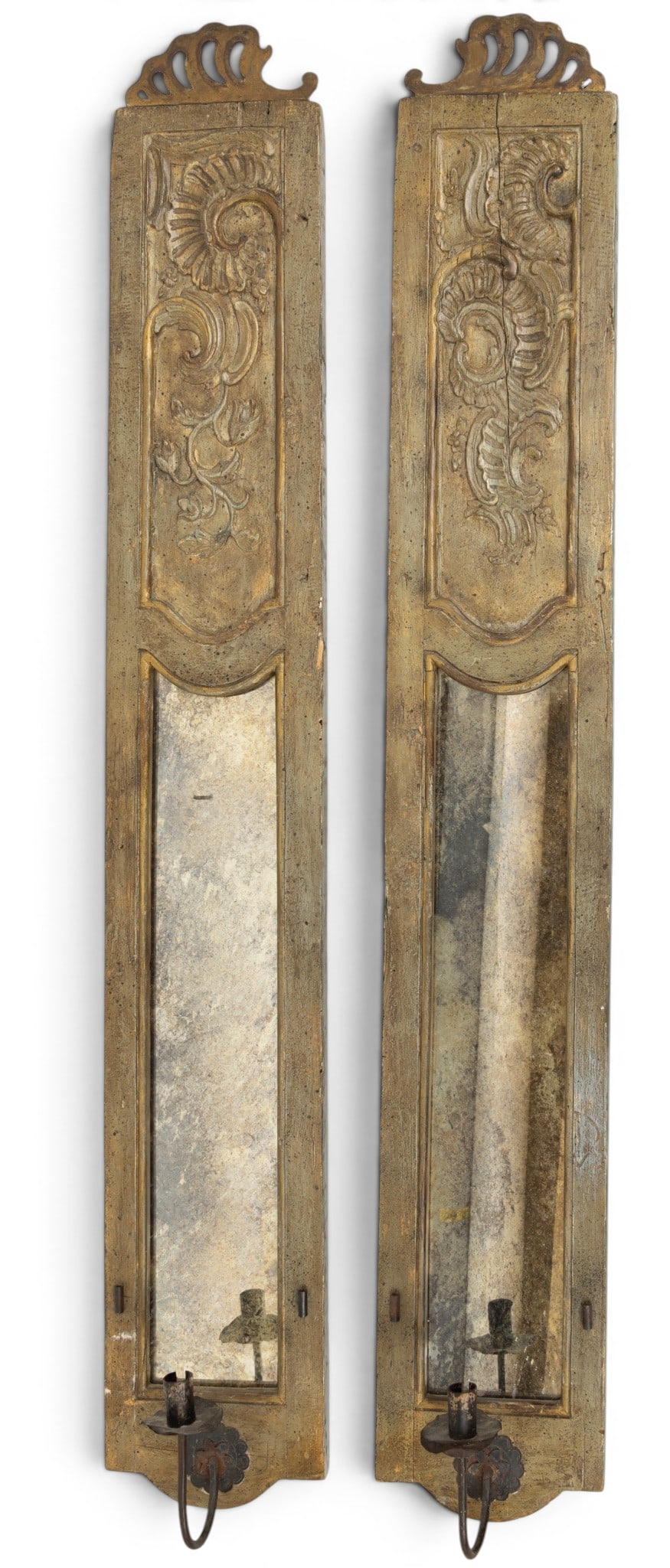 French Carved Wood Entre Deux (between-door) Trumeau Mirrors 18th/19th C., H 48" W 7" 1 PAIR (1 of 4)