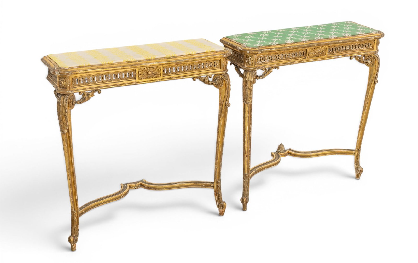 French Louis XV Style Hand Carved and Gilded Console Tables 18th C., H 30" L 30" Depth 9.5" 1 PAIR (1 of 4)
