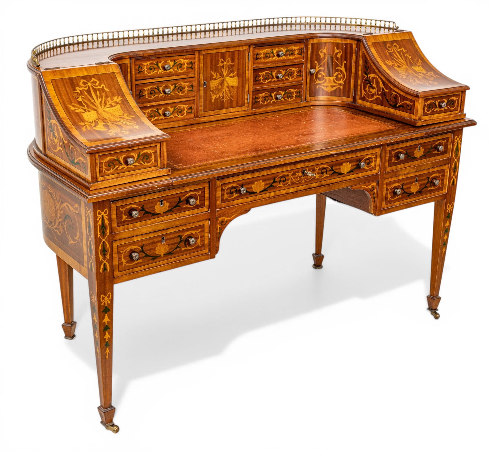 Carleton House Satinwood Inlaid Mahogany Desk with Music Theme Inlays 19th C, H 39" W 52" Depth 24" (1 of 19)