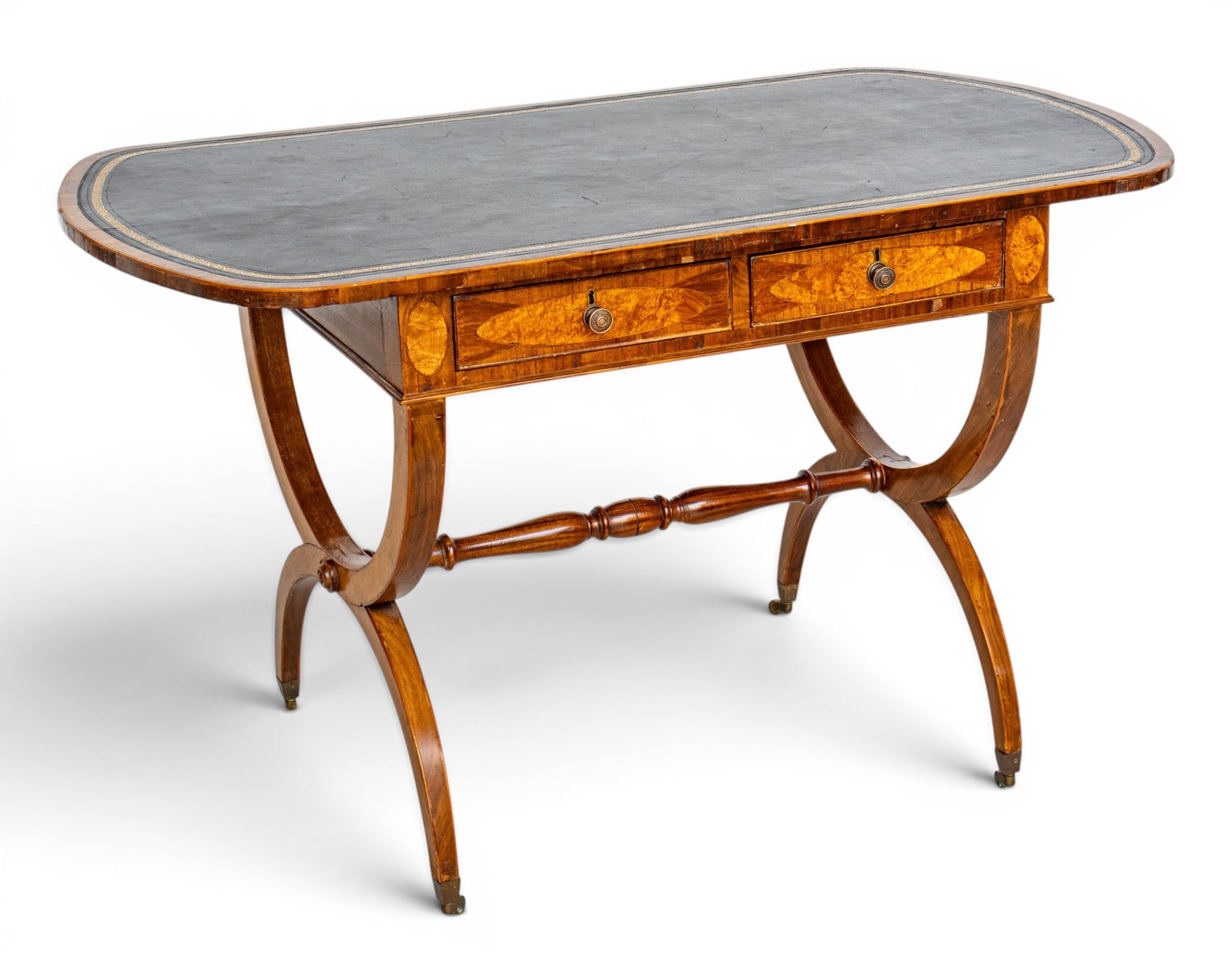 S. & H. Jewell (English, Est 1830) Sheraton Style Inlaid Mahogany Writing Desk 19th C., H 29.5" W (1 of 9)