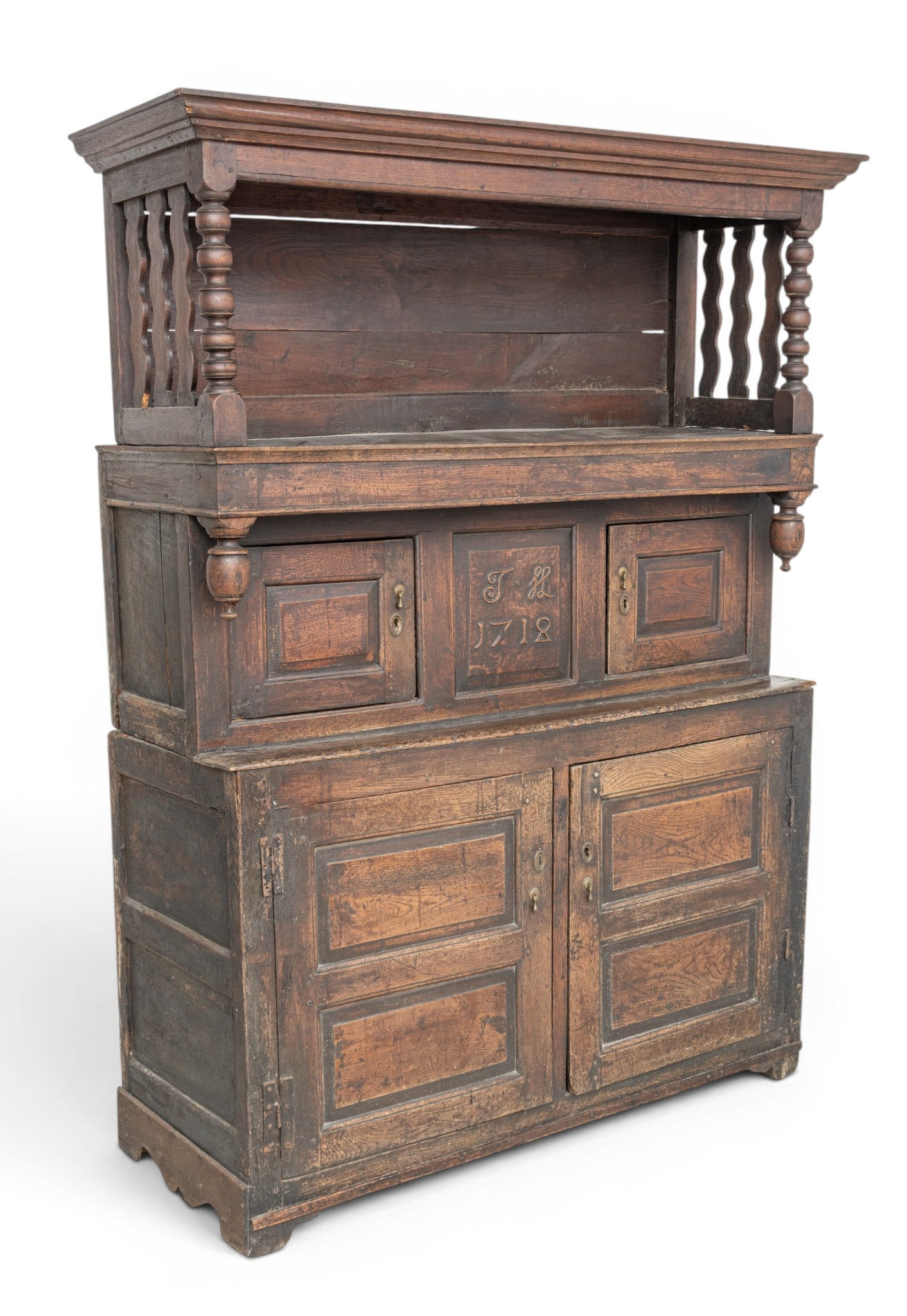 Welsh Oak Court Cupboard, Ca. 1718, H 78.5" W 55.5" Depth 21.5" (1 of 10)